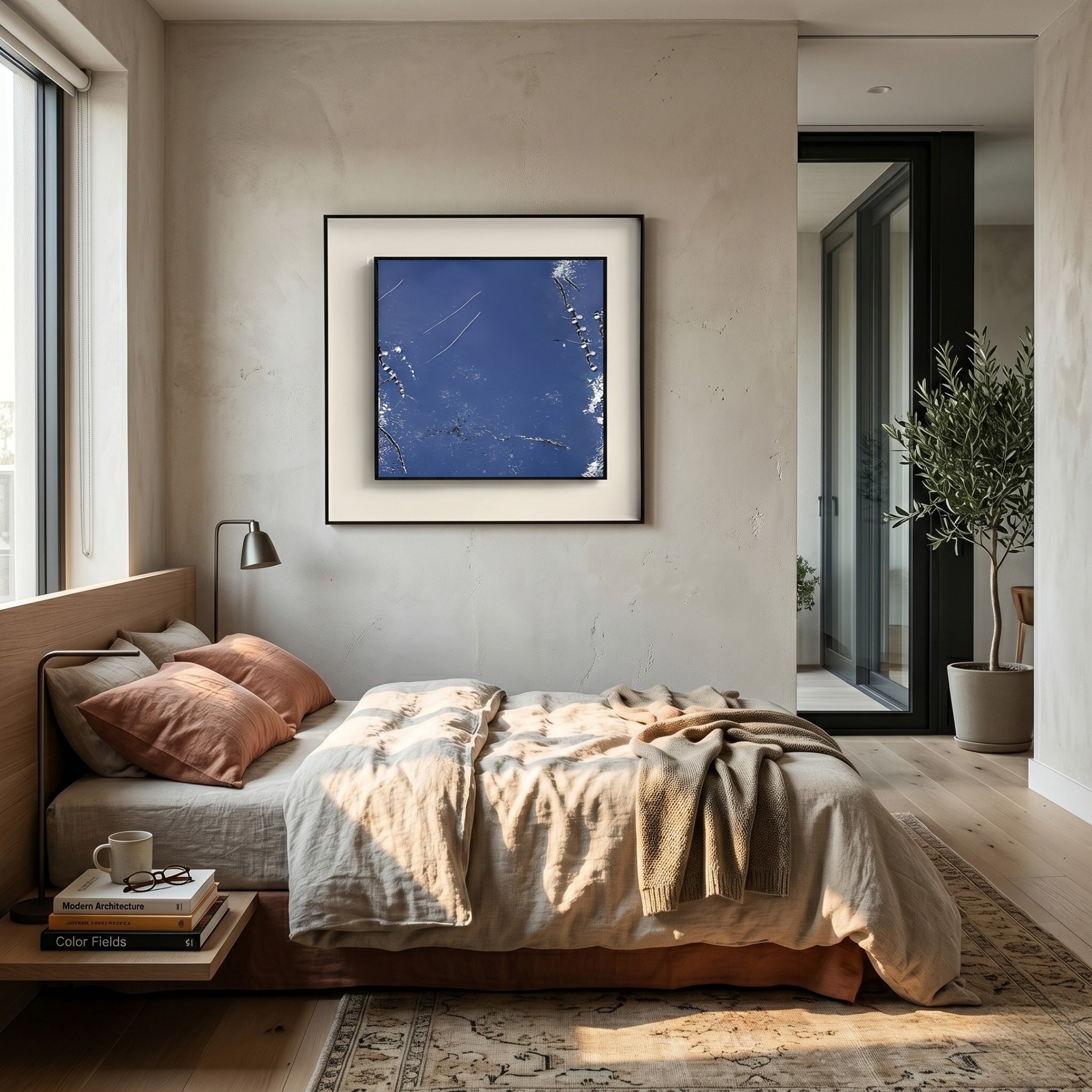 A cozy bedroom features a neatly made bed with earth-toned bedding, a bedside table holding books and a cup, wall-mounted lamp, large window, and Trevasse Deep Blue Textured Abstract Framed Wall Art by Giant Sculptures above the bed. A potted plant sits by the glass door.