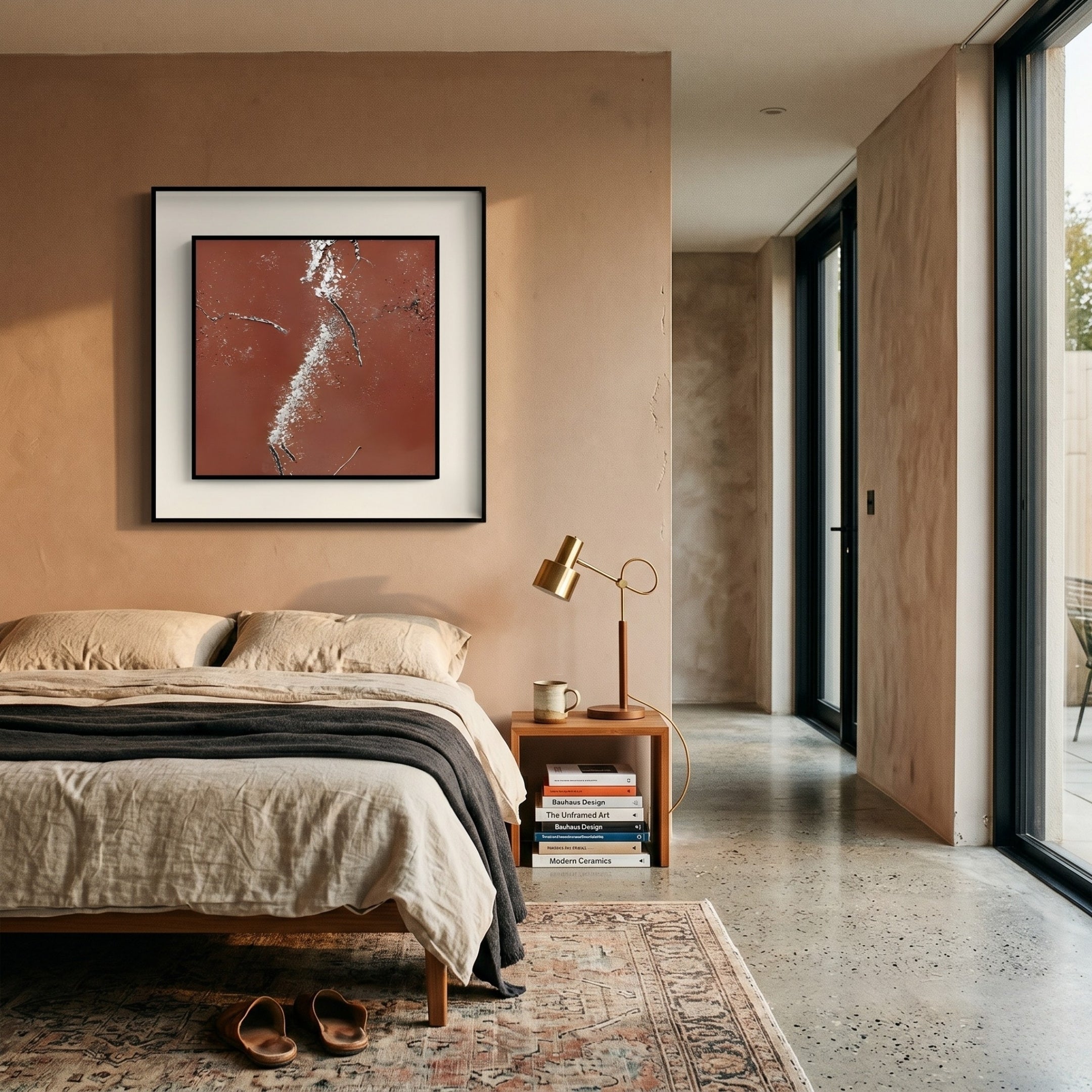 A modern bedroom with a beige bed, cozy linens, tan nightstand with books, and large windows. Above the bed hangs the Trevasse Copper Textured Abstract Framed Wall Art by Giant Sculptures; slippers rest on a patterned rug on a concrete floor.