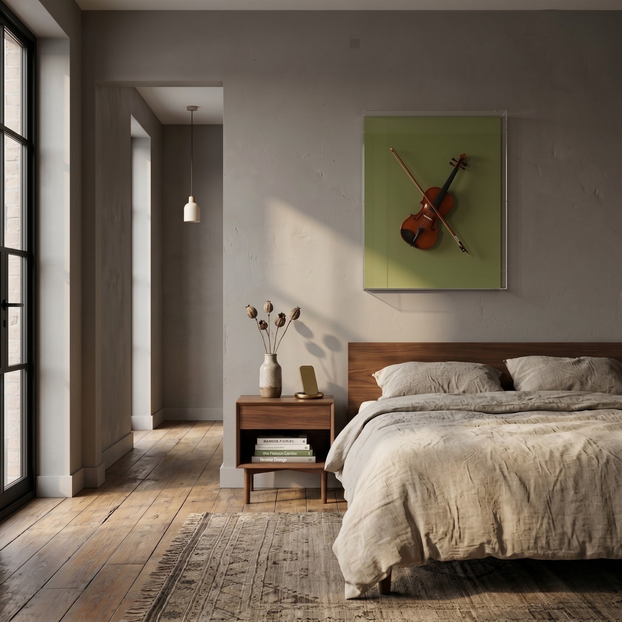 A cozy, sunlit bedroom features a wooden bed with beige bedding, a nightstand with books and a vase, and Giant Sculptures’ Archetto Olive Violin Acrylic Framed 3D Wall Art above the bed. Tall windows brighten the wooden floor.