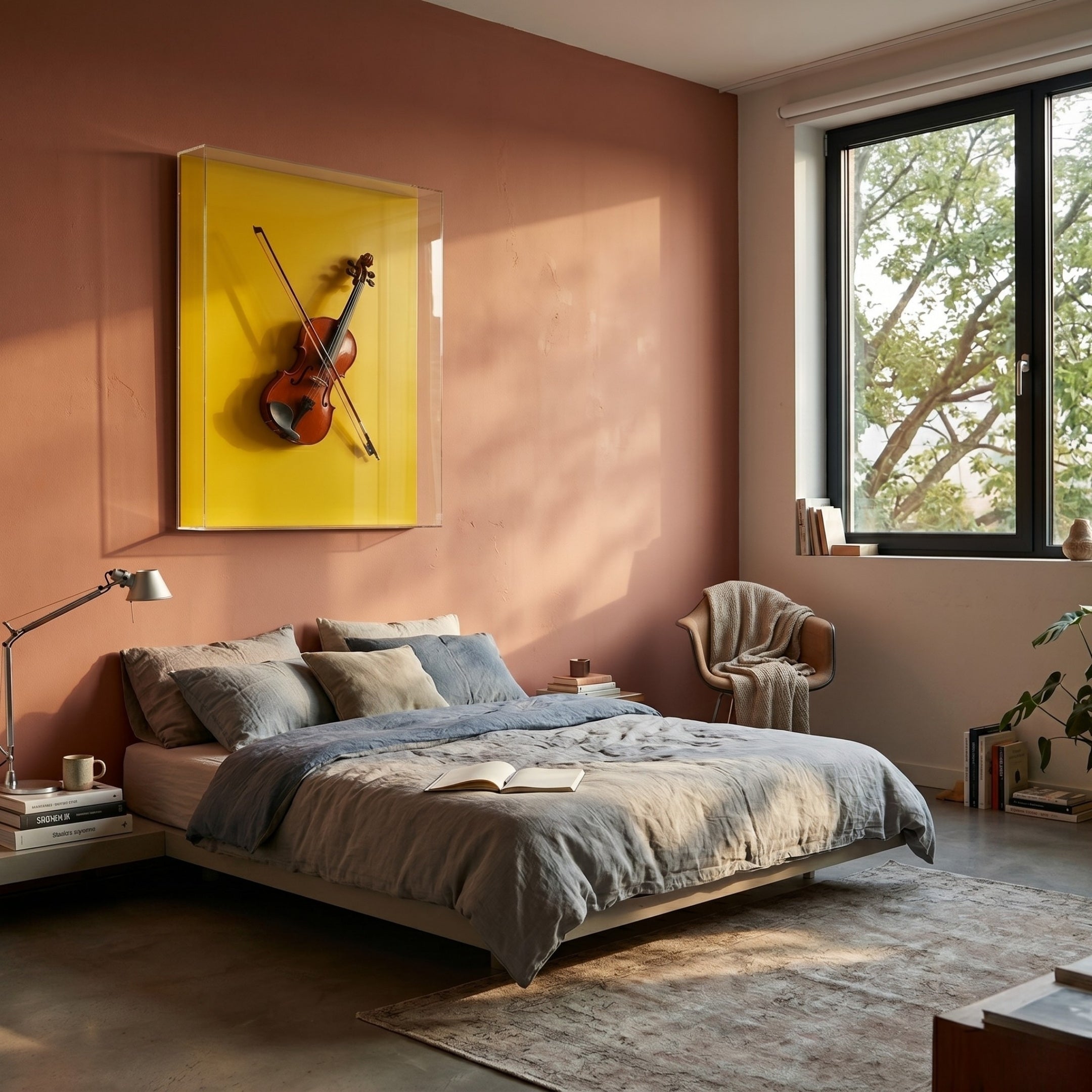A cozy modern bedroom with a low bed in gray bedding, a large window, and Giant Sculptures' Archetto Yellow Violin Acrylic Framed 3D Wall Art mounted above the bed on a pinkish wall, illuminated by natural light.