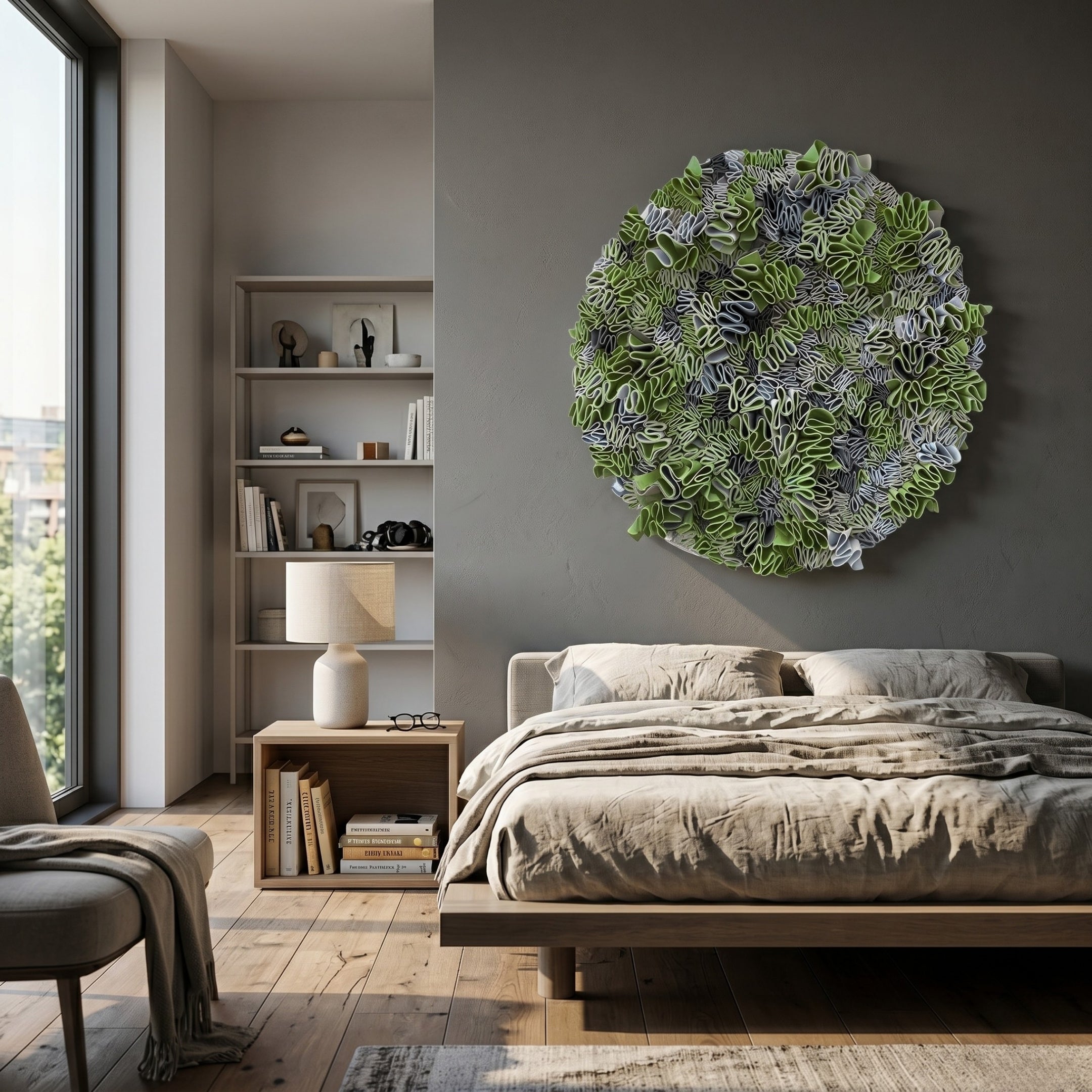 A modern bedroom features a large bed with neutral bedding, wooden furniture, and the Rivora Green Ribbon Leather Circular 3D Wall Art by Giant Sculptures above the bed; natural light from the window enhances the contemporary style.