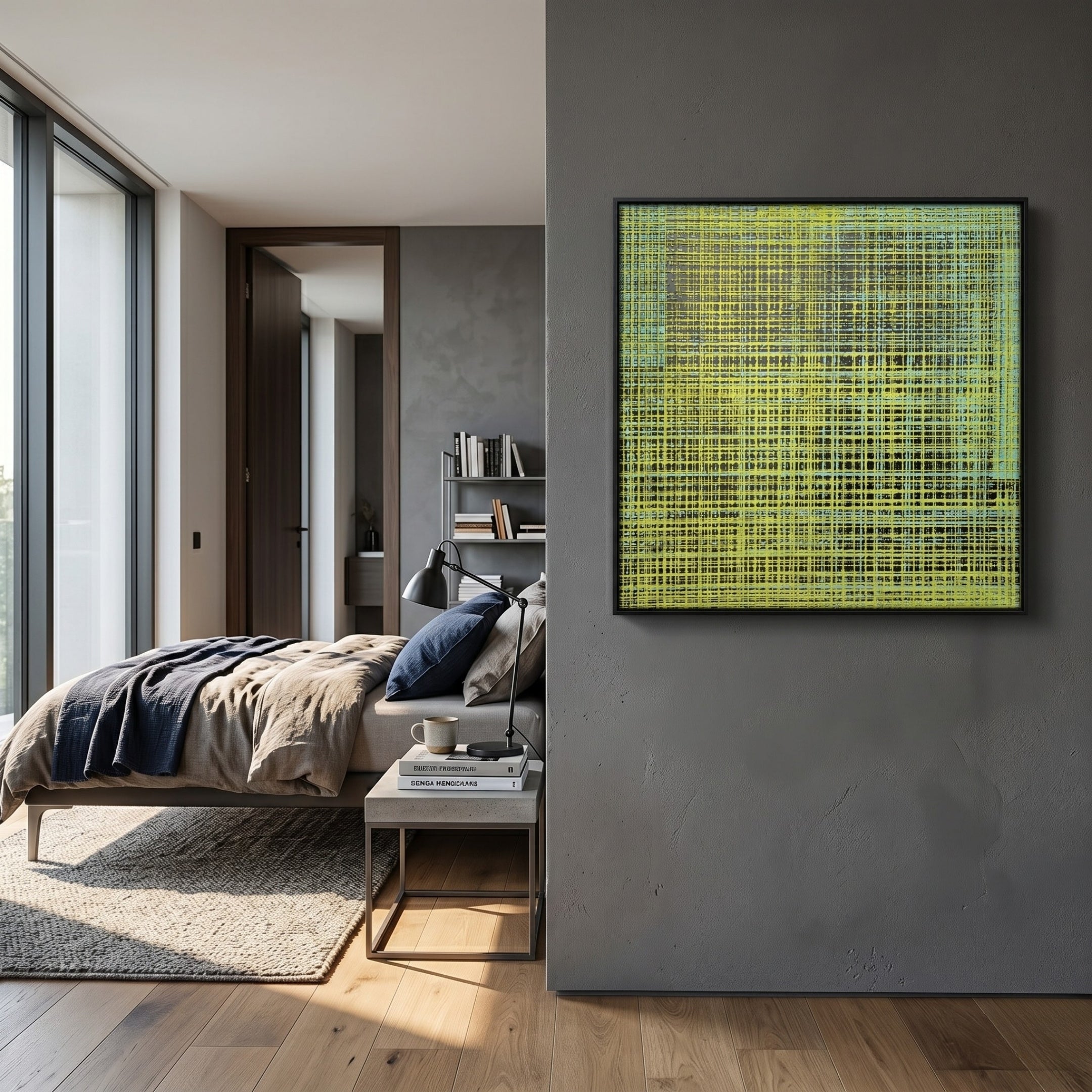 A modern bedroom with a neatly made bed, wooden floor, and large windows features the Vectaryn Green Abstract Embossed Texture 3D Wall Art by Giant Sculptures on a gray wall. A small desk with books and a lamp sits near the bed, enhancing the Nordic vibe.