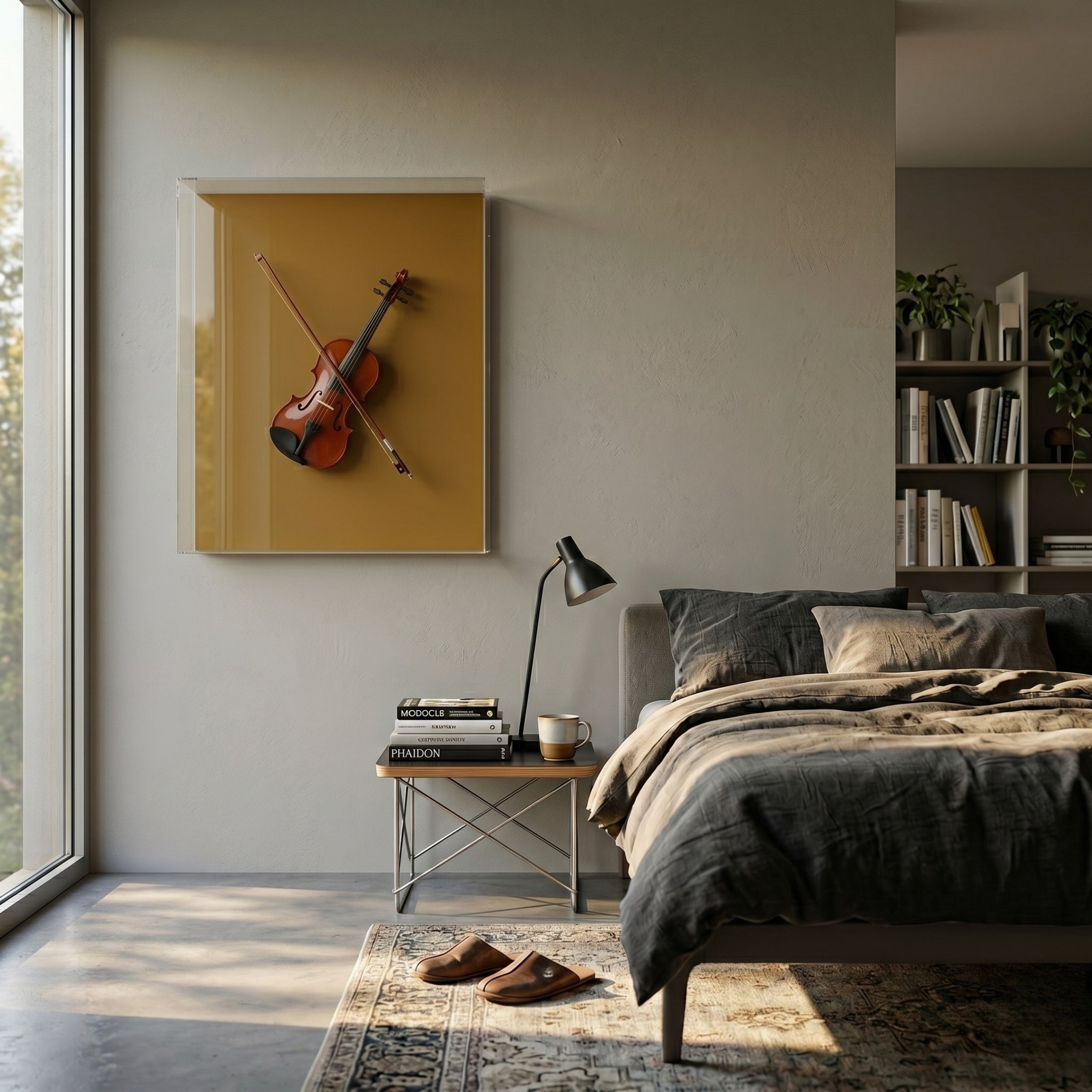 A cozy bedroom with a neatly made bed, a nightstand with books and a lamp, slippers on a patterned rug, and the Archetto Beige Violin Acrylic Framed 3D Wall Art by Giant Sculptures displayed above the nightstand.
