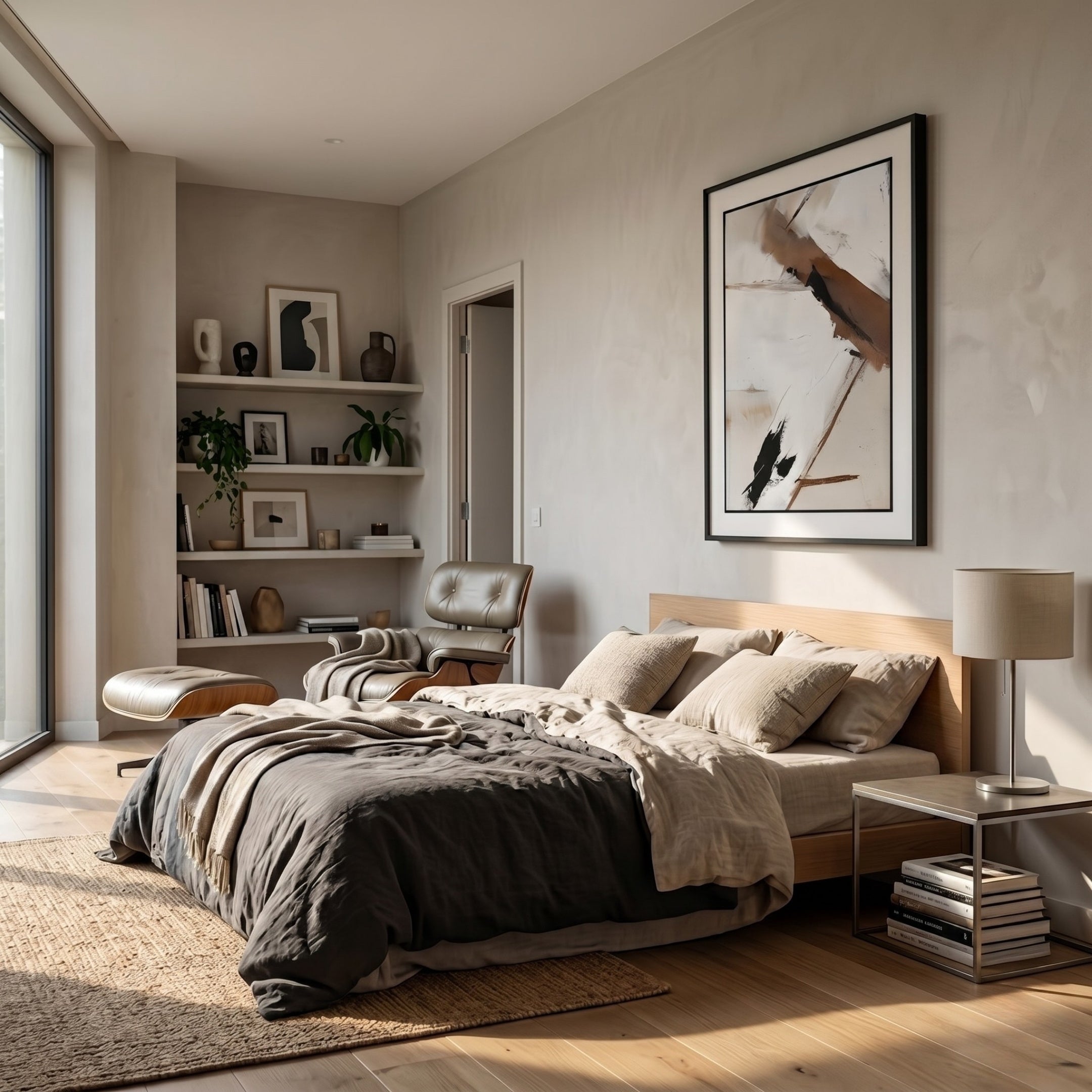 A modern bedroom features a wooden bed with gray bedding, a bedside table with a lamp, and Giant Sculptures’ Bravura IV Stroke Abstract Framed Canvas Wall Art above the bed. Sunlight streams through tall windows onto shelves of books and decor in the corner.