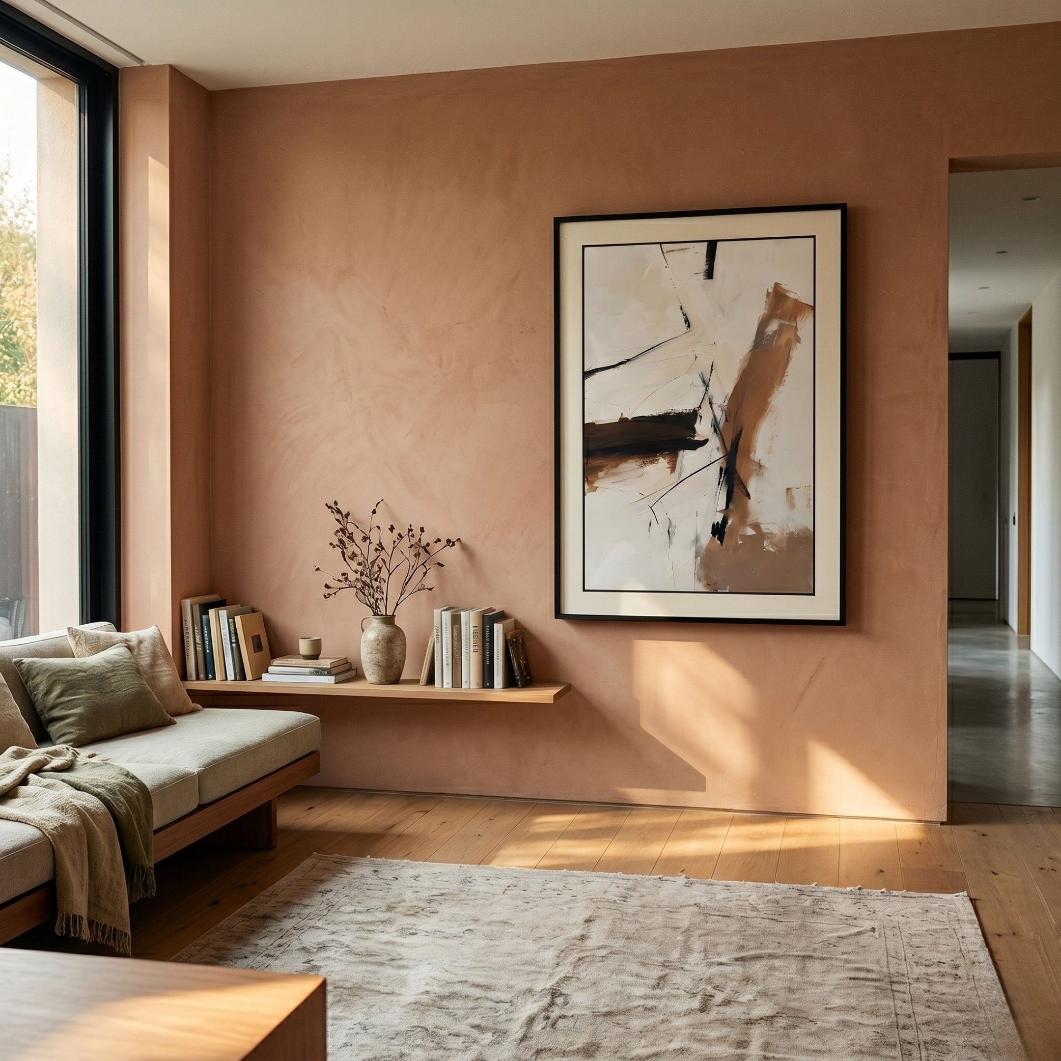 A modern living room with a light brown accent wall, Bravura III Stroke Abstract Framed Canvas Wall Art by Giant Sculptures, a low wooden bench with books and a vase, large windows, a neutral rug, and soft natural light for minimalist interiors.