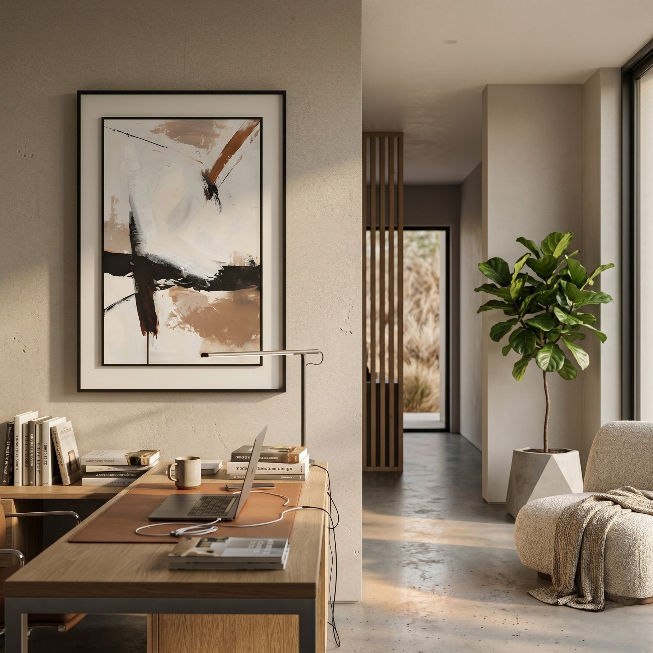 A modern home office features a wooden desk with a laptop, books, and mug. The Bravura I Stroke Abstract Framed Canvas Wall Art by Giant Sculptures is displayed on the wall, while a leafy plant sits by a cozy chair near large sunlit windows.