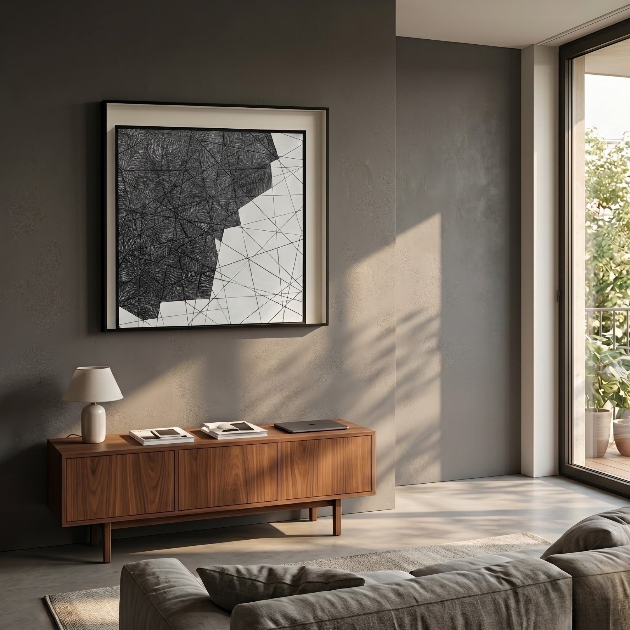 A modern living room with a gray wall, Stratonis Graphite Linework Textured Framed Wall Art by Giant Sculptures, wooden sideboard with books and lamp, beige sofa, and sunlight through glass doors opening to a green balcony.