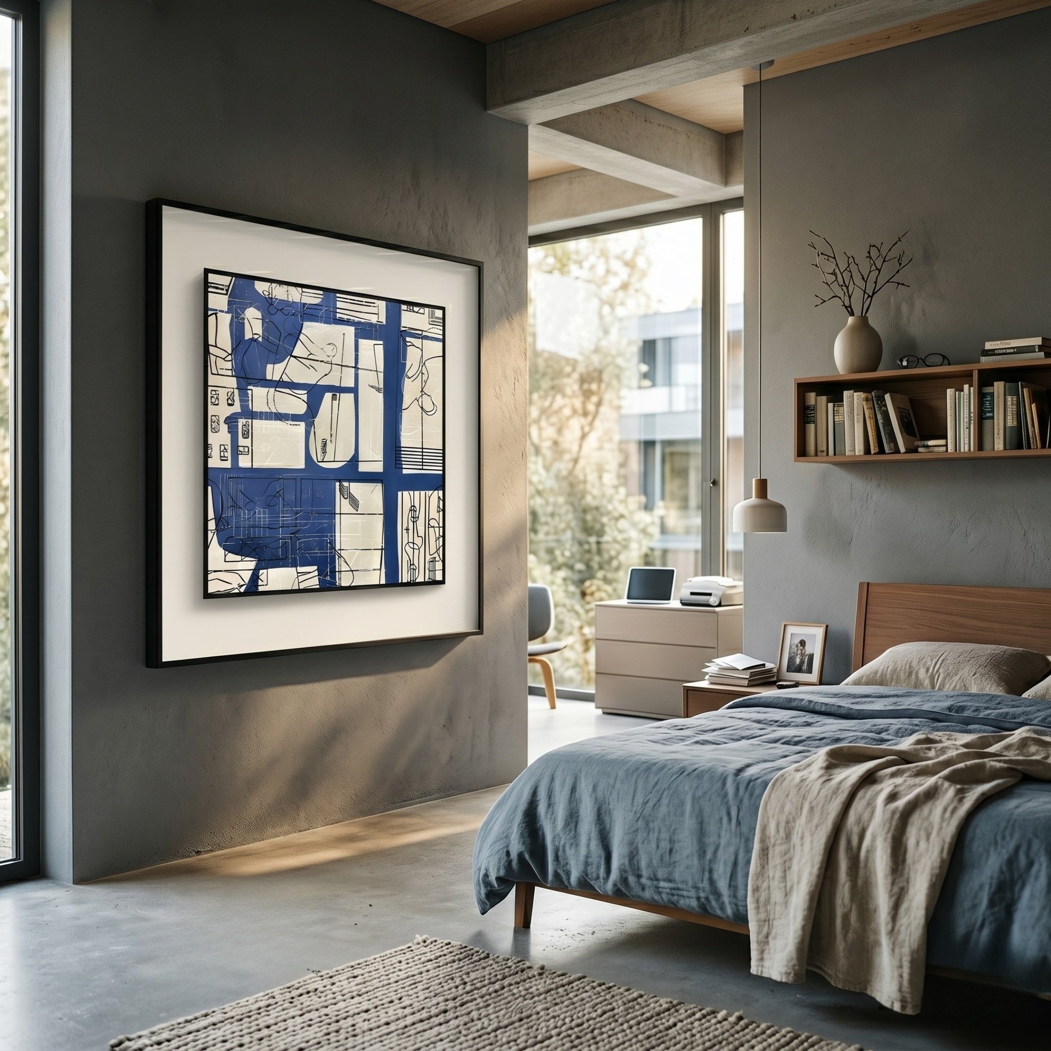 A modern bedroom with minimalist decor features the Stratonis Blue & Beige Grid Abstract Textured Framed Wall Art by Giant Sculptures, a wooden bed with gray bedding, bookshelves, and expansive windows for natural light.