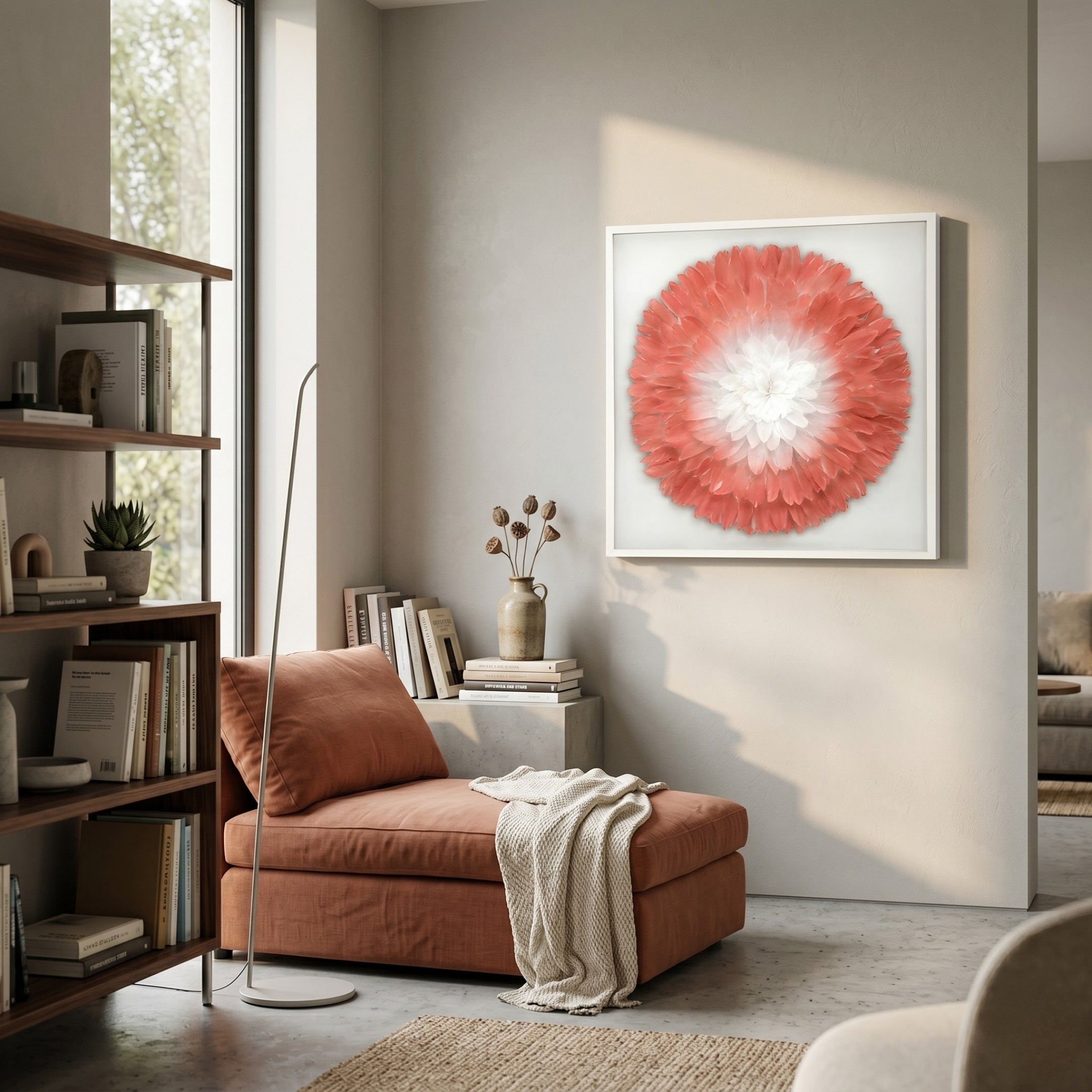 A cozy reading nook with a rust chaise lounge, neutral throw, and minimalist decor. The Plumesse Coral Bloom Layered Feather 3D Wall Art by Giant Sculptures hangs on a light wall near a sunlit window.