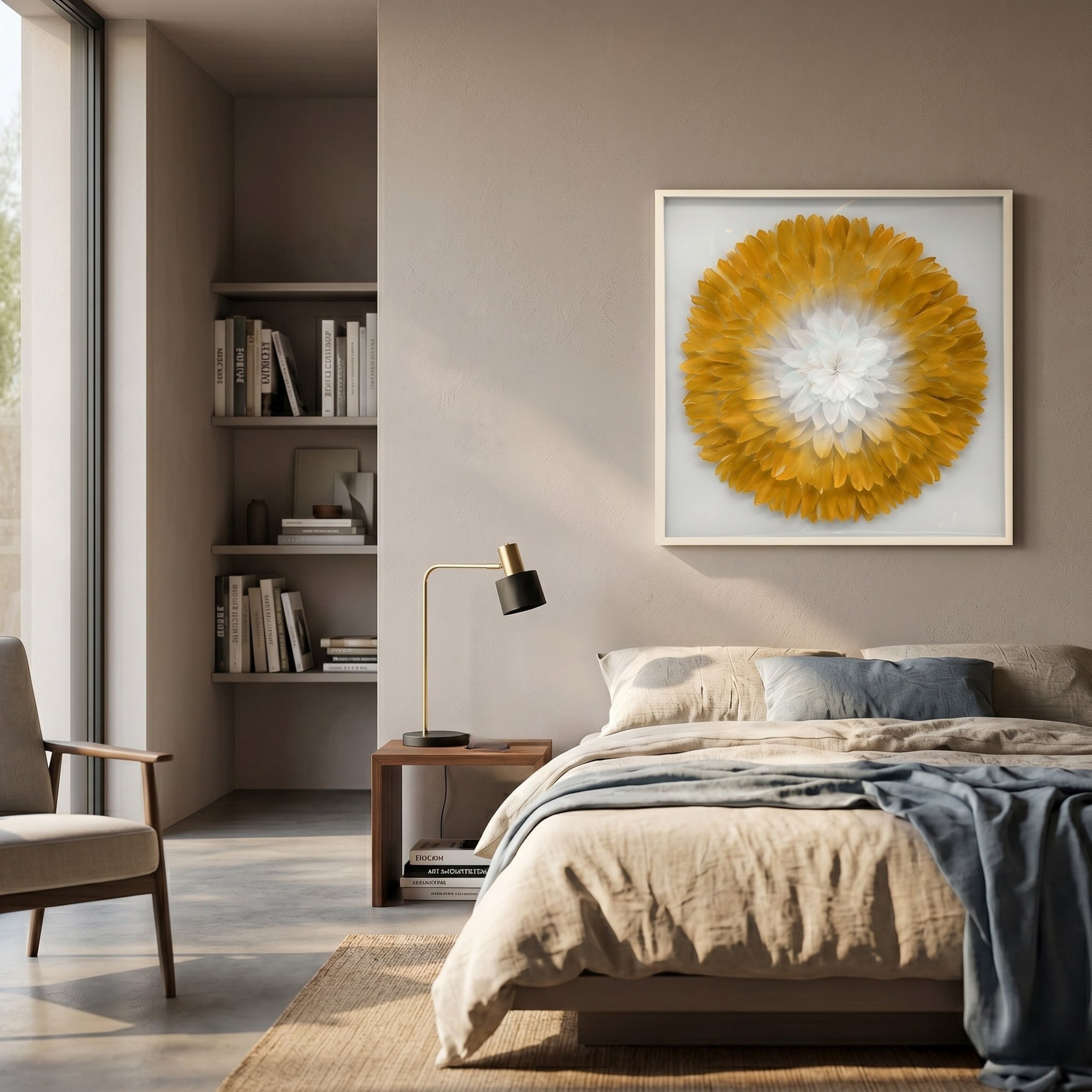 A modern bedroom features a beige bed, blue throw, lamp-topped bedside table, and built-in bookshelves. Above the bed is Giant Sculptures' Plumesse Golden Bloom Layered Feather 3D Wall Art. A window on the left brings in natural light.