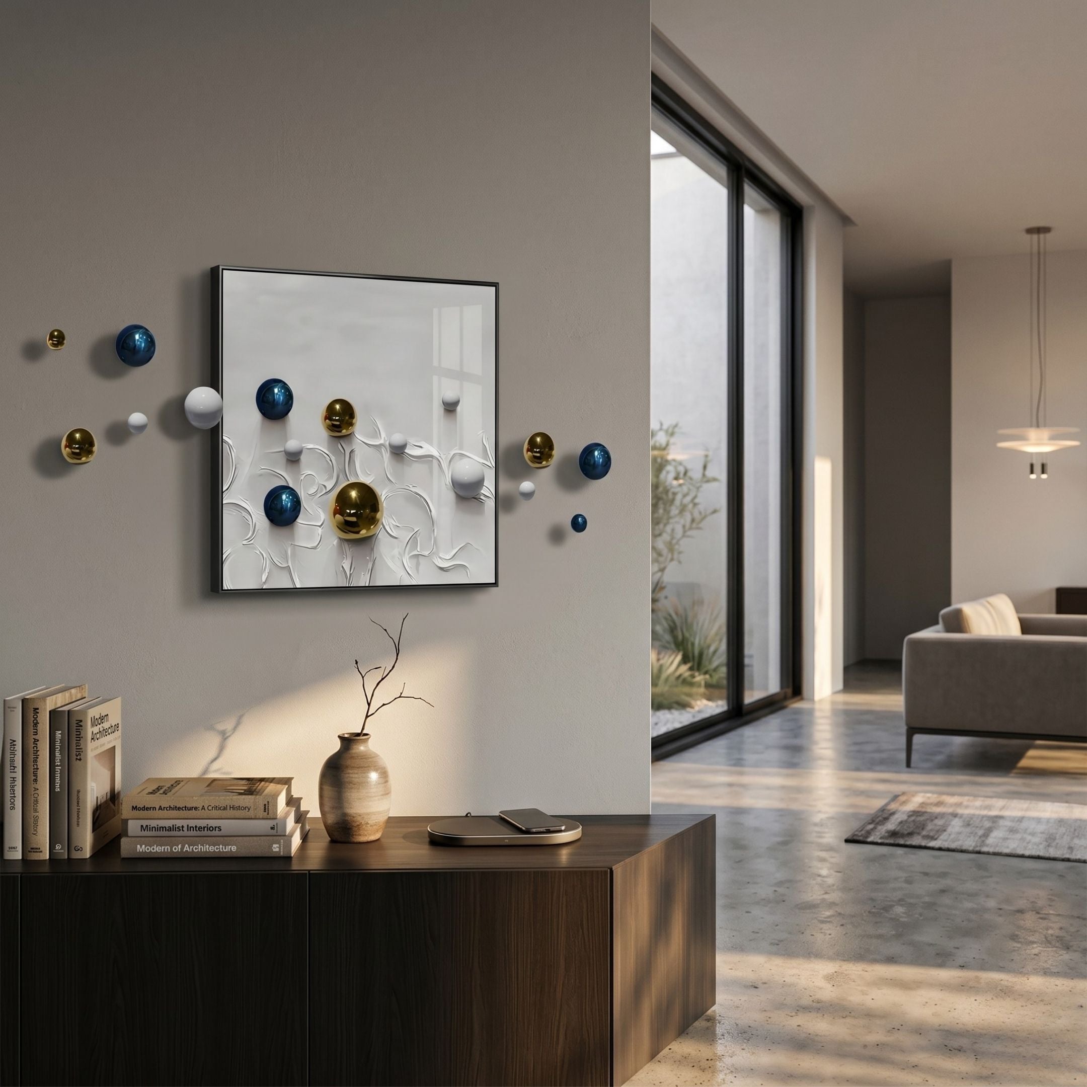 A modern living room features a dark wooden console with books and a vase. Above, the Aeroluxe White Swirl Abstract 3D Wall Art With Metal Balls by Giant Sculptures displays metallic blue, gold, and white spheres as striking wall decor. Sunlight fills the space.