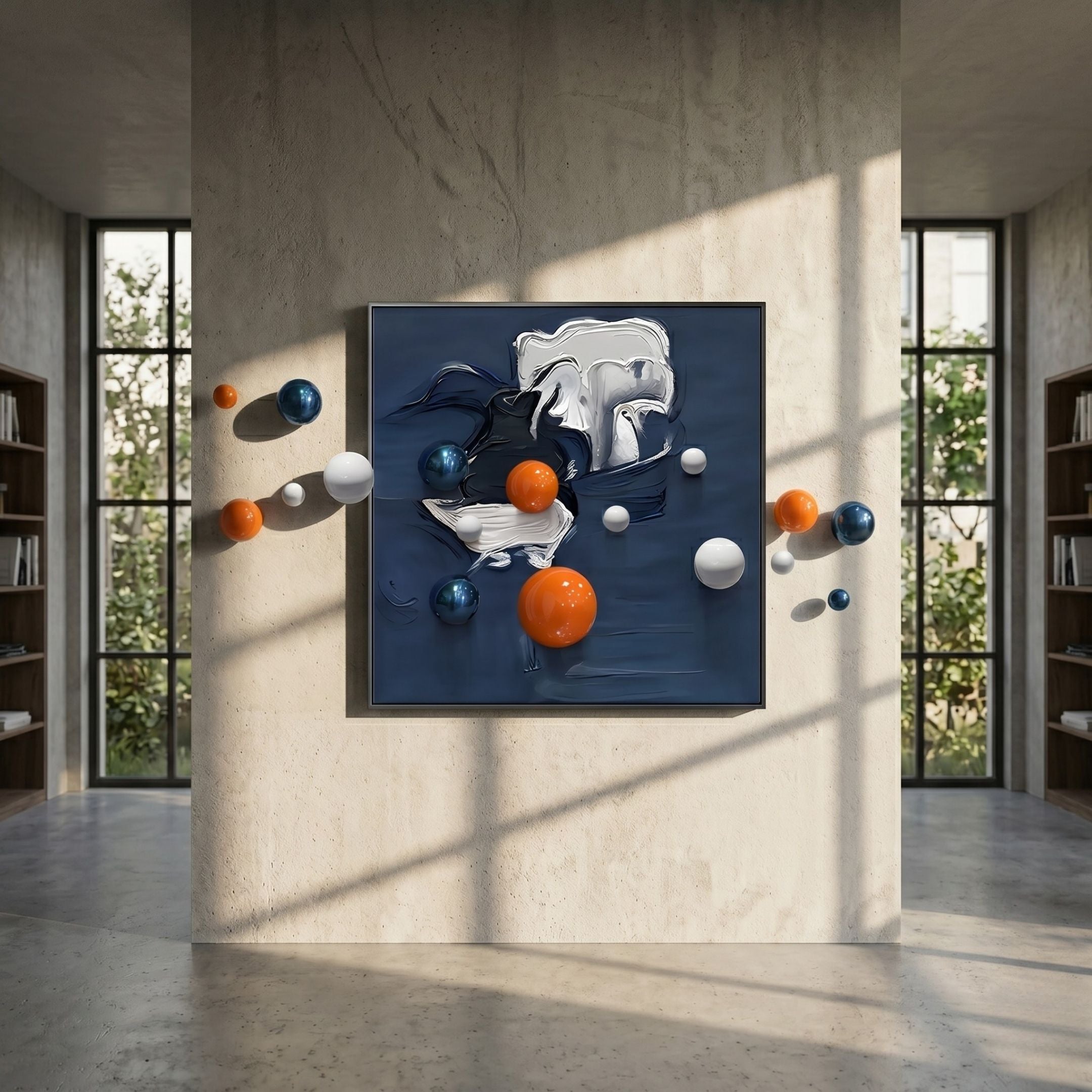 A modern gallery with tall windows showcases the Aeroluxe Midnight Blue Abstract 3D Wall Art With Metal Balls by Giant Sculptures. Orange, white, and blue 3D spheres emerge from the piece, adding energy among bookshelves along the walls.