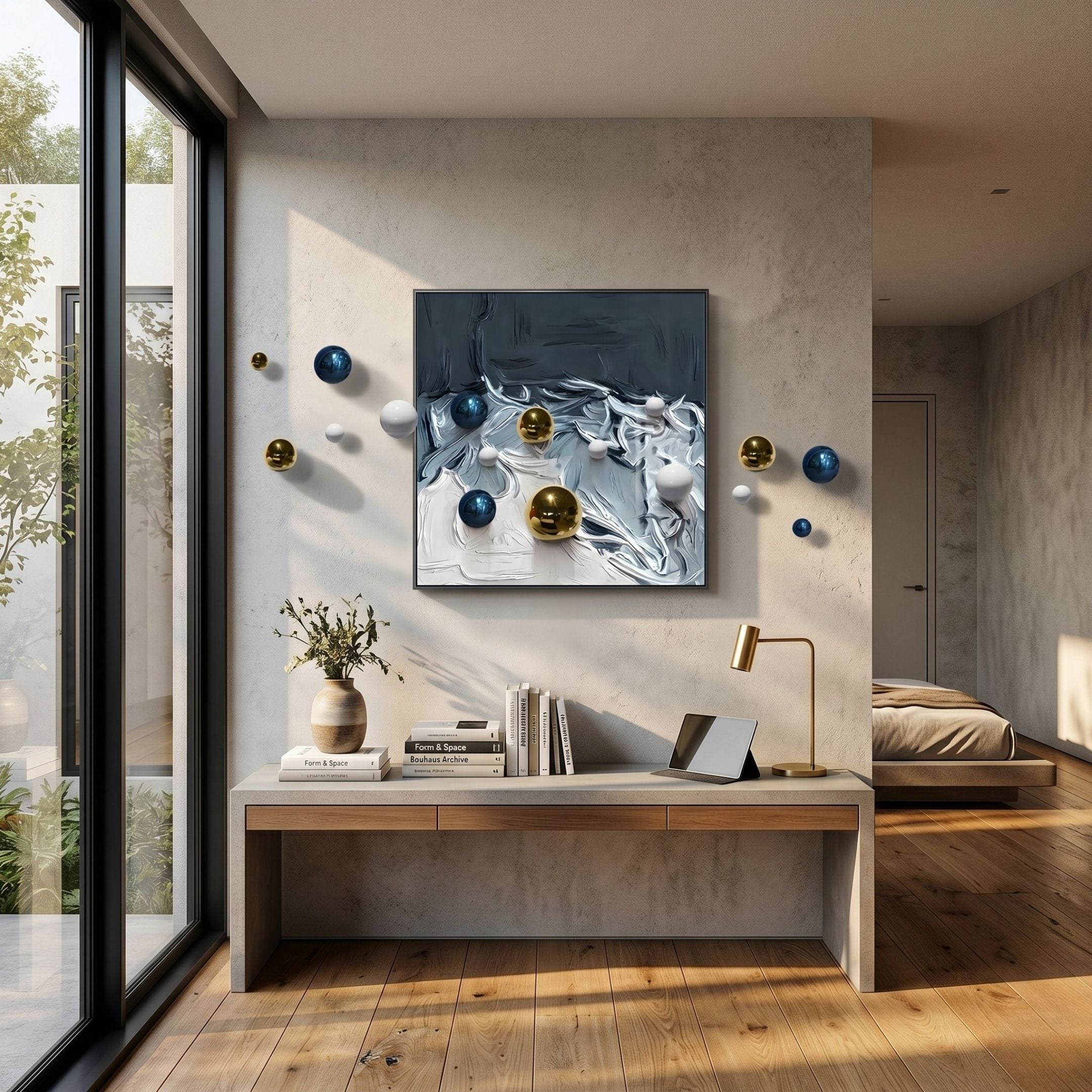 A modern, sunlit room with a wooden floor, large window, and minimalist desk features the Aeroluxe Deep Blue Wave 3D Wall Art With Metal Balls by Giant Sculptures above the desk, which holds books, a vase of flowers, and a gold lamp.