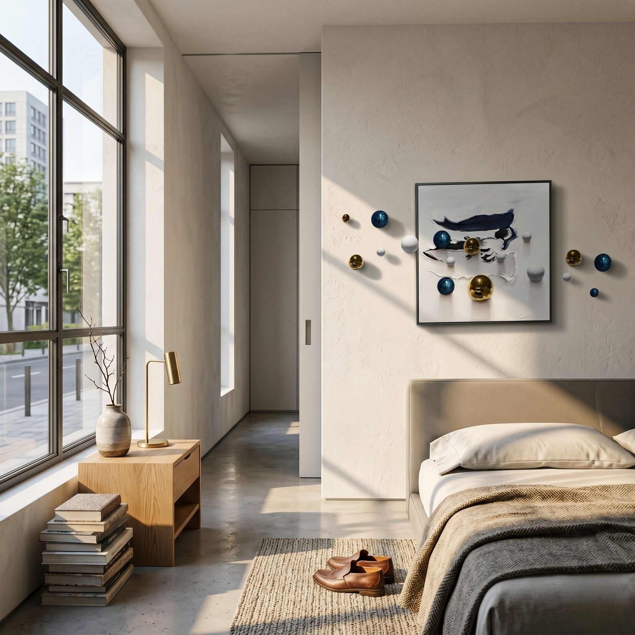 A modern bedroom features a neatly made bed, nightstand with lamp and books, shoes on the floor, large windows with scenic views, and the Aeroluxe Navy Crest Abstract 3D Wall Art With Metal Balls by Giant Sculptures as striking decor.