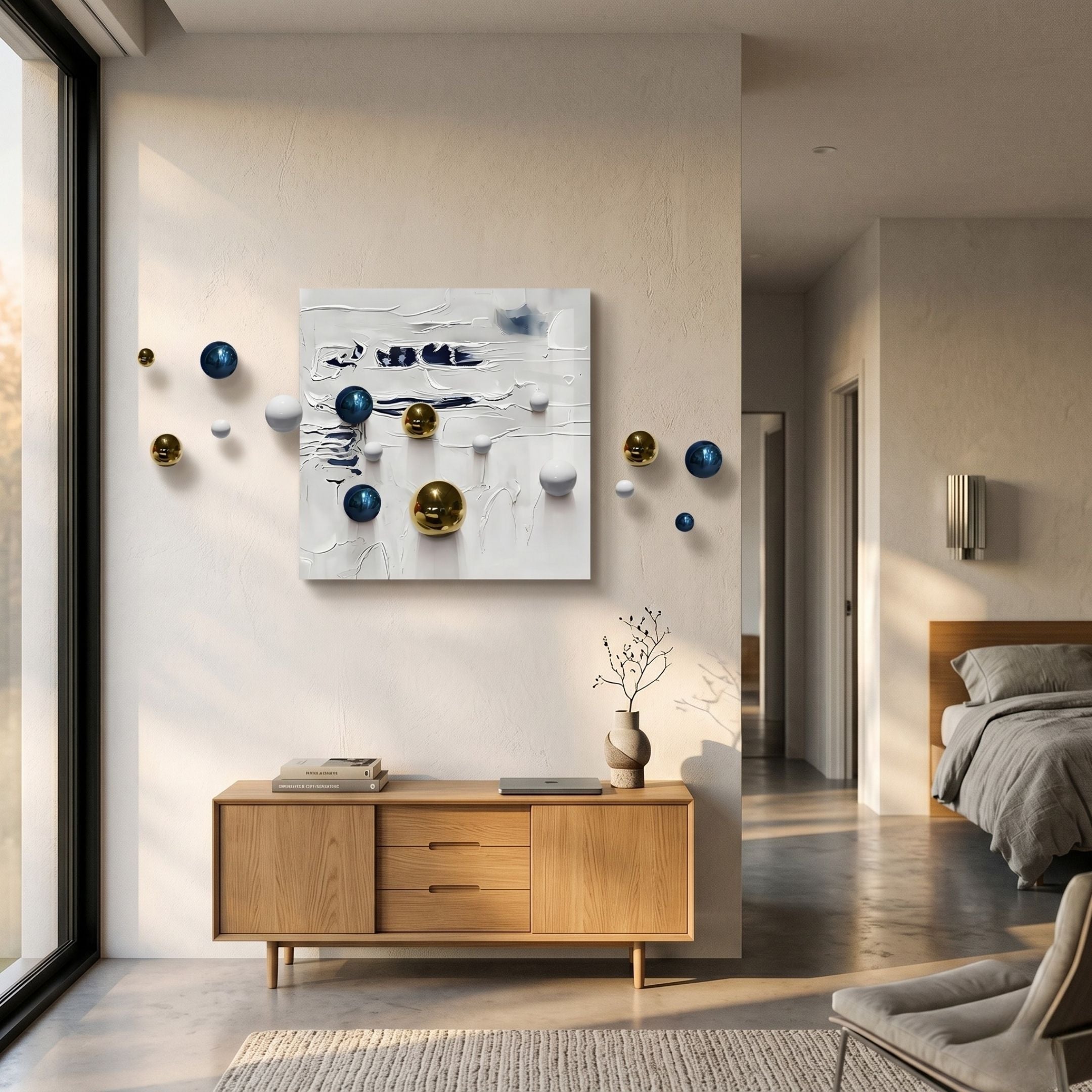 A modern living space with a light wood console, a white vase with twigs, and the Aeroluxe Navy & White Abstract 3D Wall Art With Metal Balls by Giant Sculptures. Large windows reveal a cozy bedroom in the background.
