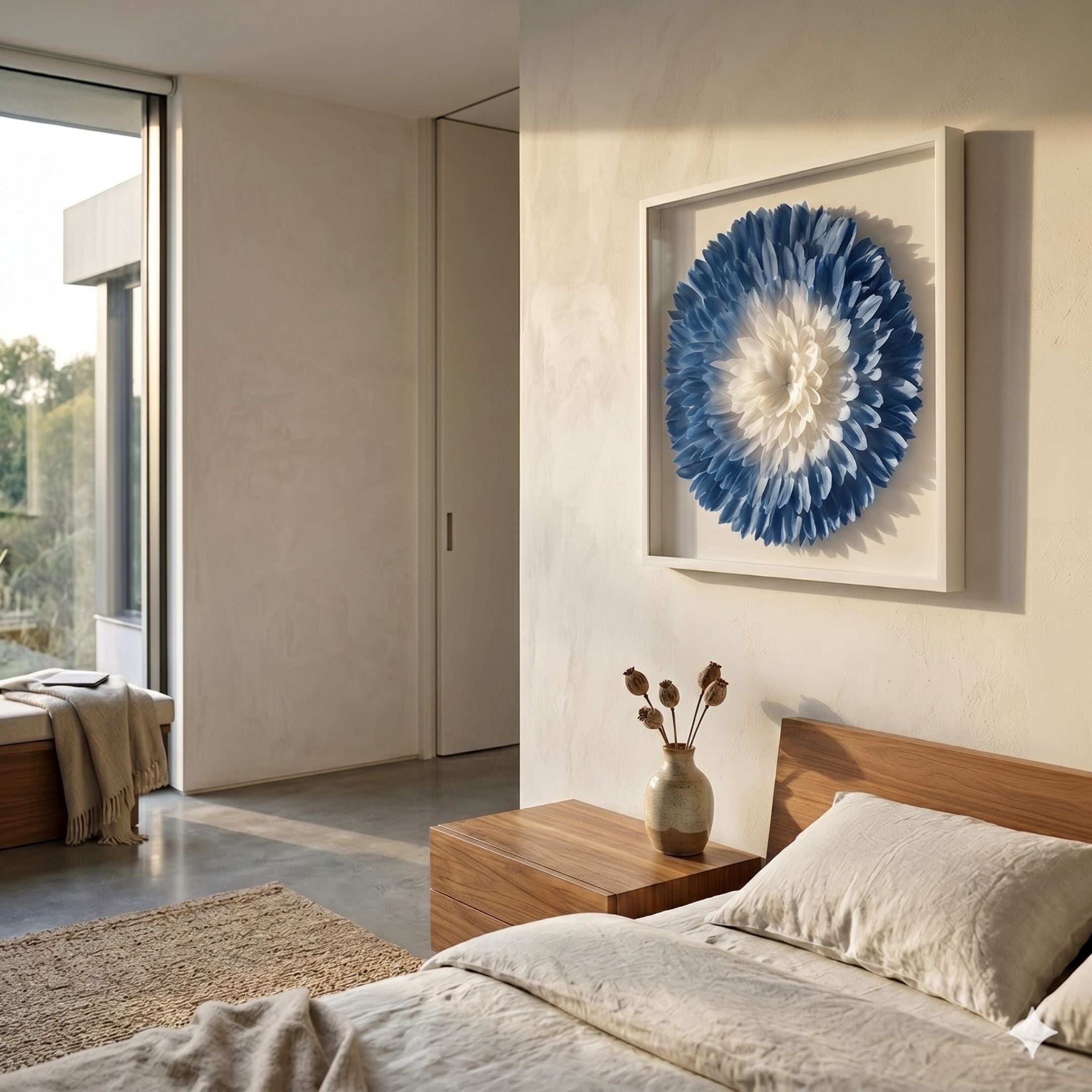 A serene bedroom features a wooden bed, neutral bedding, a wooden nightstand with a ceramic vase and dried flowers, and the Giant Sculptures Plumesse Aqua Bloom Layered Feather 3D Wall Art. Sunlight from a sliding glass door enhances the tranquil vibe.