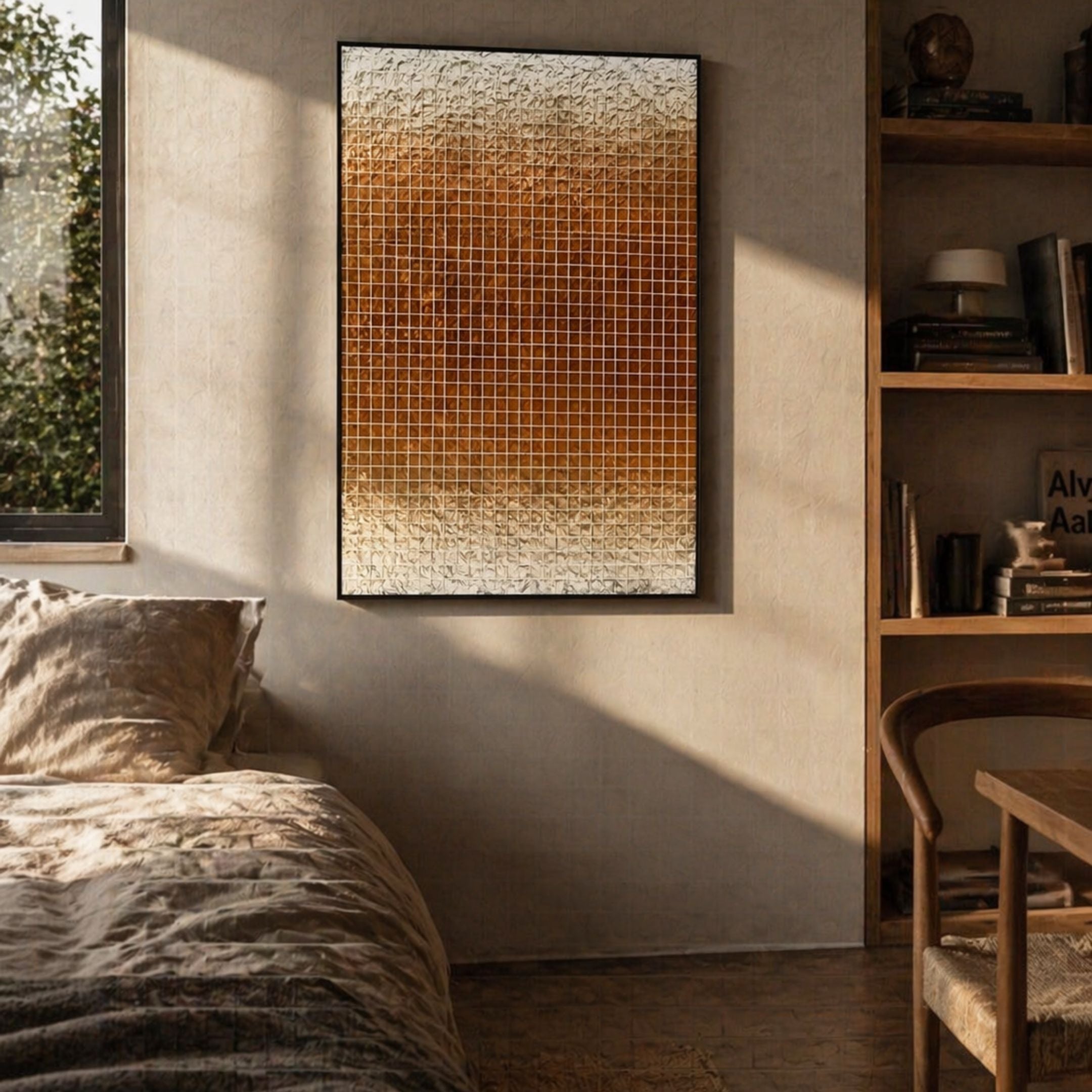 A cozy bedroom with sunlight streaming in, featuring a bed with textured bedding, a wooden shelf with books and decor, and modern style highlighted by Giant Sculptures' Gridelle Amber Fade Gradient Grid 3D Paper Wall Art in warm brown and gold.