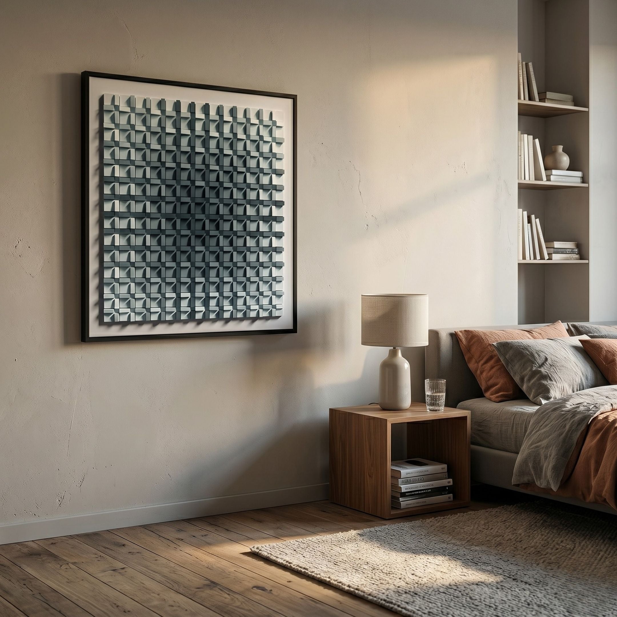 A cozy, modern bedroom features a wooden floor, beige walls, and the Gradisect Slate Teal Fade Geometric 3D Wooden Wall Art by Giant Sculptures above a wooden nightstand by an earthy-toned bed. Built-in shelves filled with books complete the inviting space.