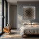A modern bedroom with a neatly made bed, beige bedding, a wooden nightstand holding books and a vase, large window letting in natural light, and Gradisect Brown Fade Geometric 3D Wooden Wall Art by Giant Sculptures enhancing the gray wall.