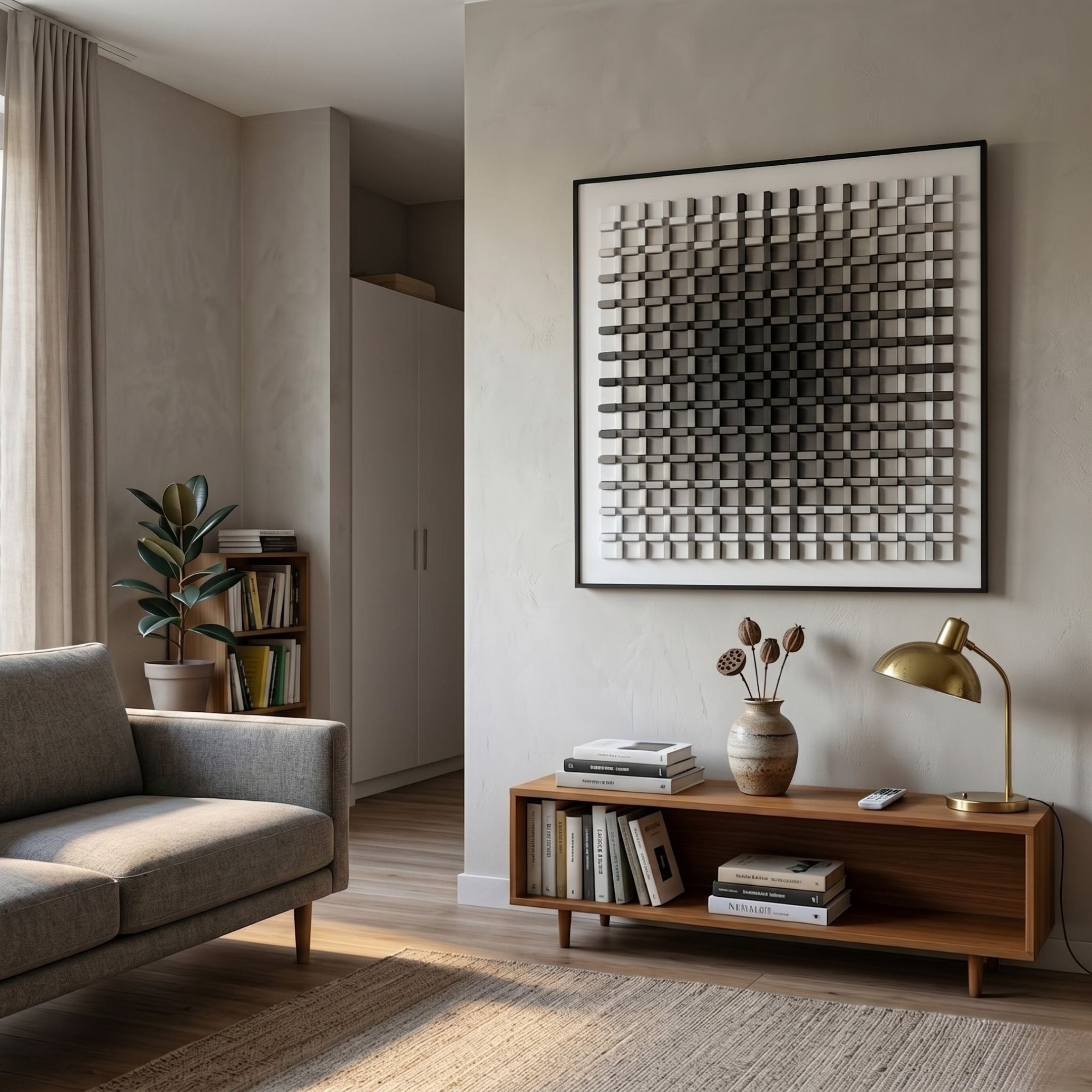 Giant Sculptures Gradisect Deep Grey Fade Geometric 3D Wooden Wall Art in a black frame above a walnut console with a brass lamp in a neutral living room.