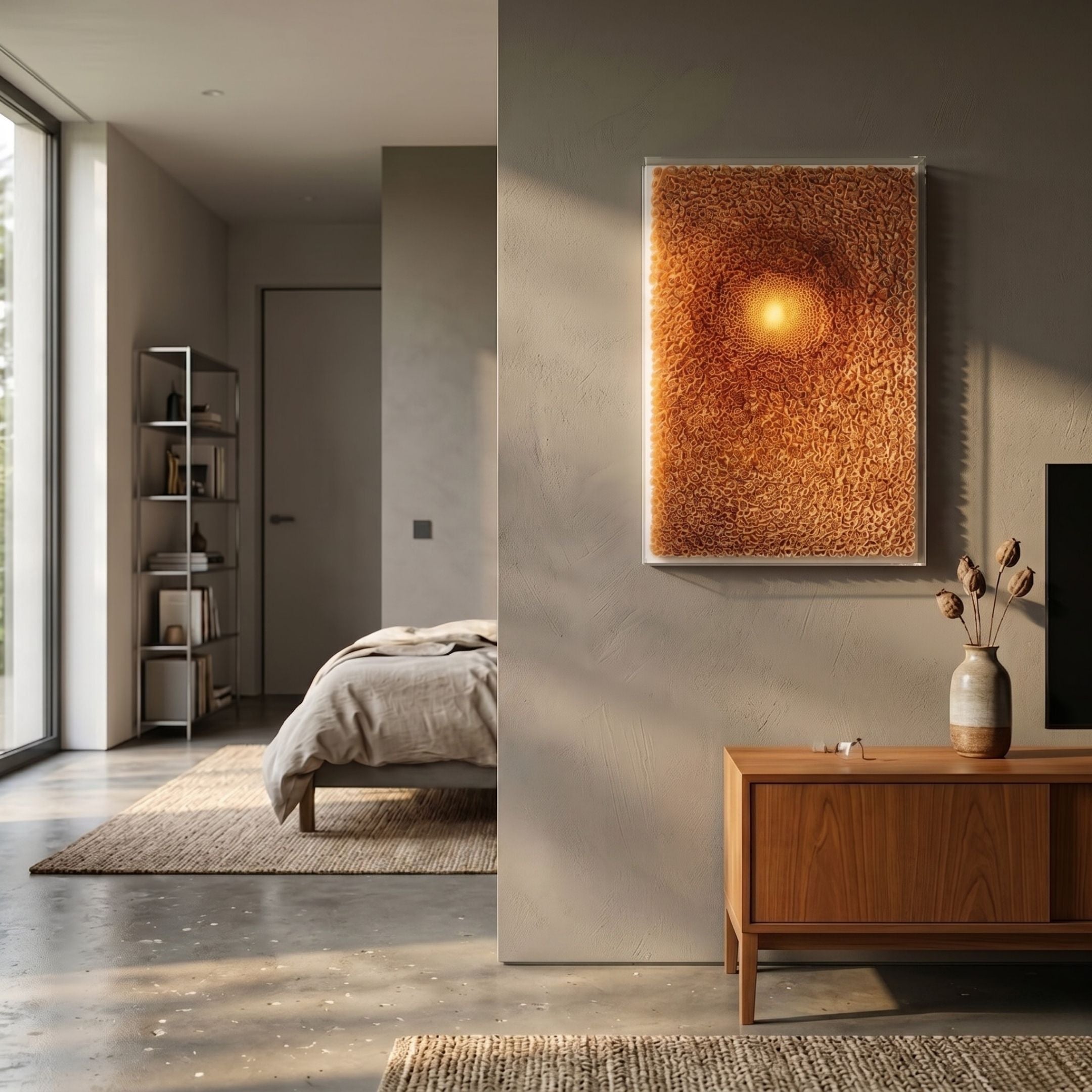 A modern, sunlit bedroom with neutral tones features a neatly made bed, wooden console with dried flowers, and the Lumora Amber Orange Acrylic Framed 3D Paper Wall Art by Giant Sculptures glowing on the wall. Shelving and a large window appear in the background.