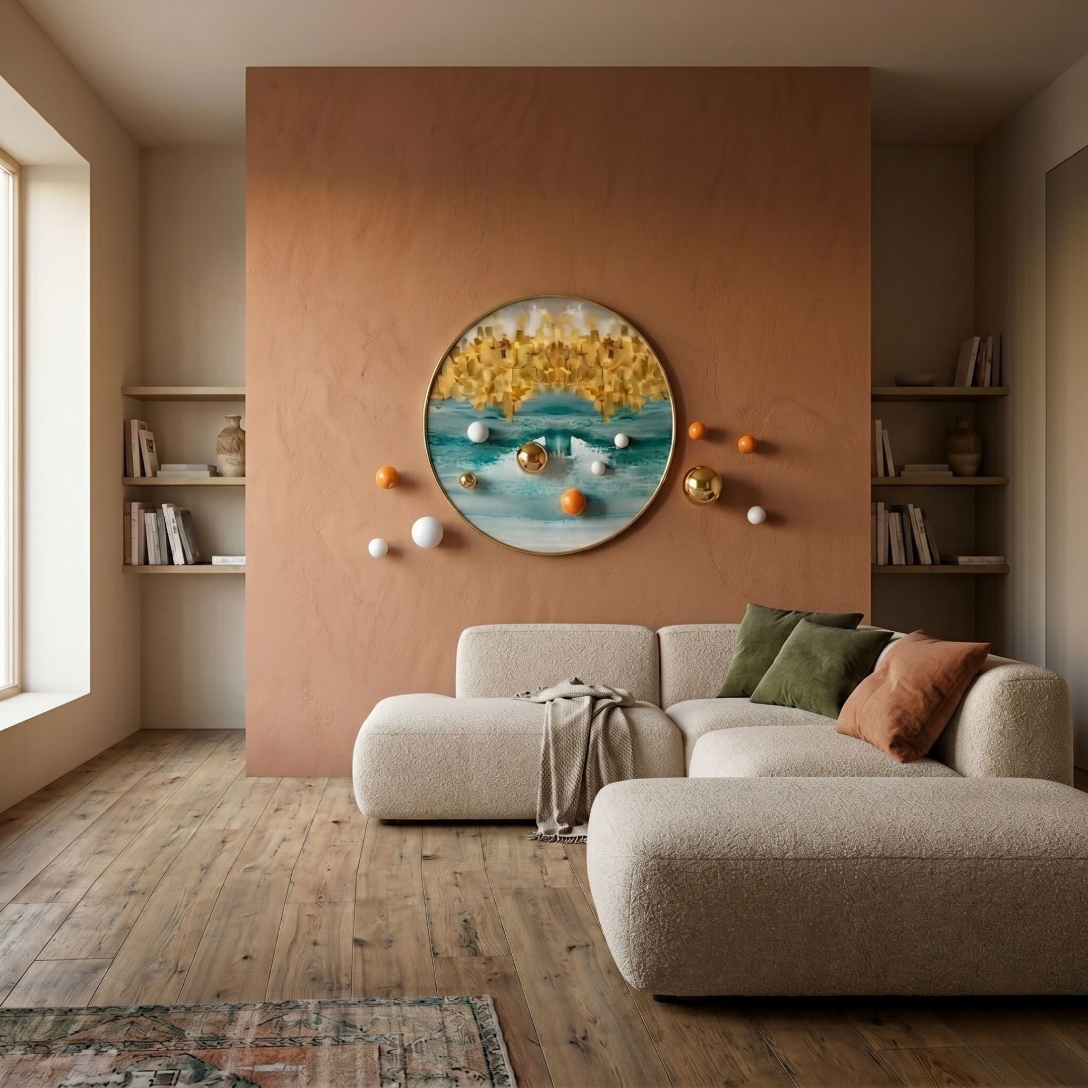 A cozy living room featuring a cream sectional, multicolored pillows, throw blanket, wooden floors, built-in shelves with books and vases, and the Aureluxe Teal & Gold Drift 3D Wall Art With Metal Balls by Giant Sculptures on a warm accent wall.