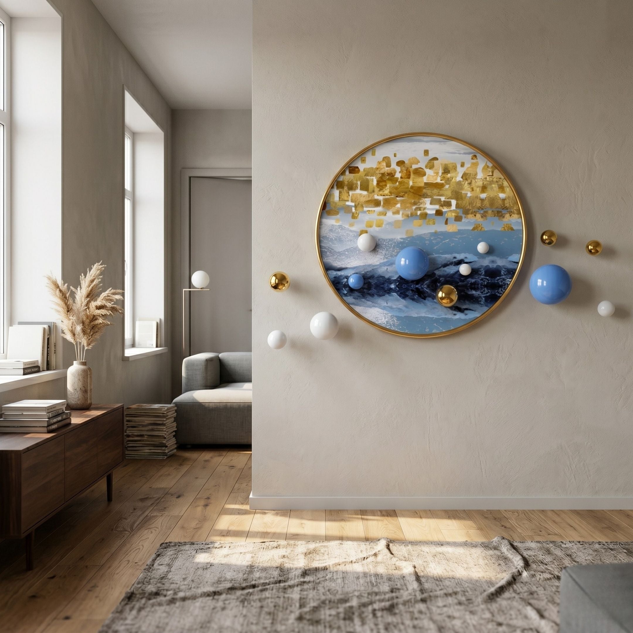 A modern living room features Giant Sculptures' Aureluxe Blue & Gold Horizon 3D Wall Art With Metal Balls on a beige wall, with sunlight illuminating wooden floors, neutral furniture, and minimalist decor.