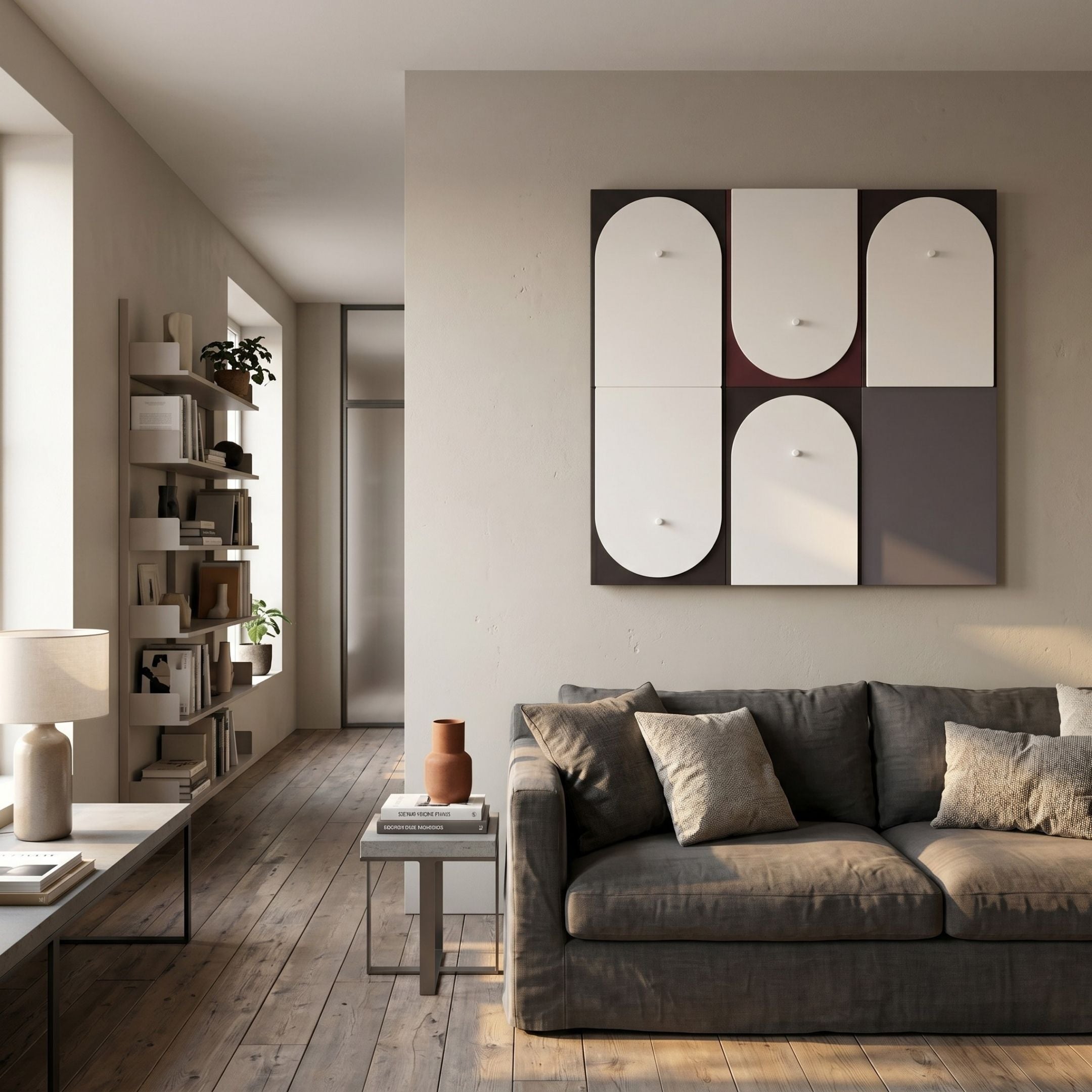 A modern living room features a gray sofa, neutral pillows, white side table, bookshelves, and Giant Sculptures' Curventa Plum & Grey Curved Panel 3D Wall Art. Sunlight from tall windows highlights the wood floors.