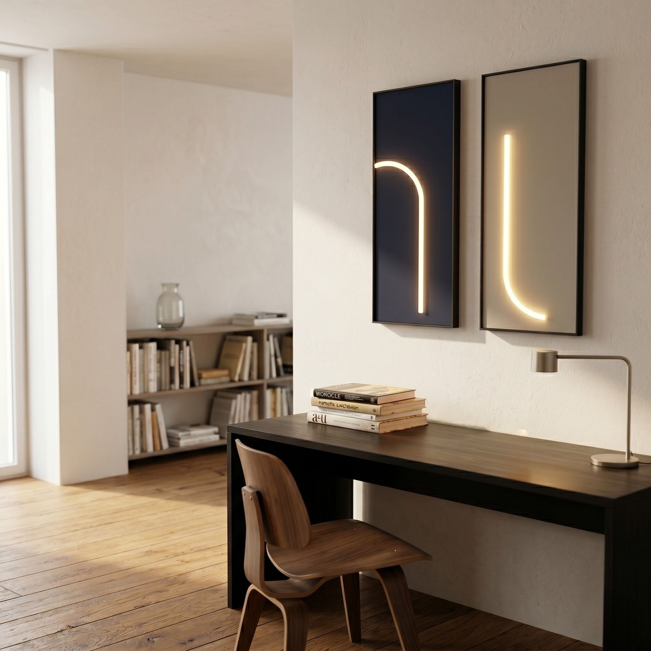 A minimalist workspace features a dark wooden desk, modern chair, slim desk lamp, bookshelves, and a glass vase. Sunlight streams in as Giant Sculptures' Luminarch 2-Set Navy & Beige LED Minimalist Wall Art illuminates the wall.