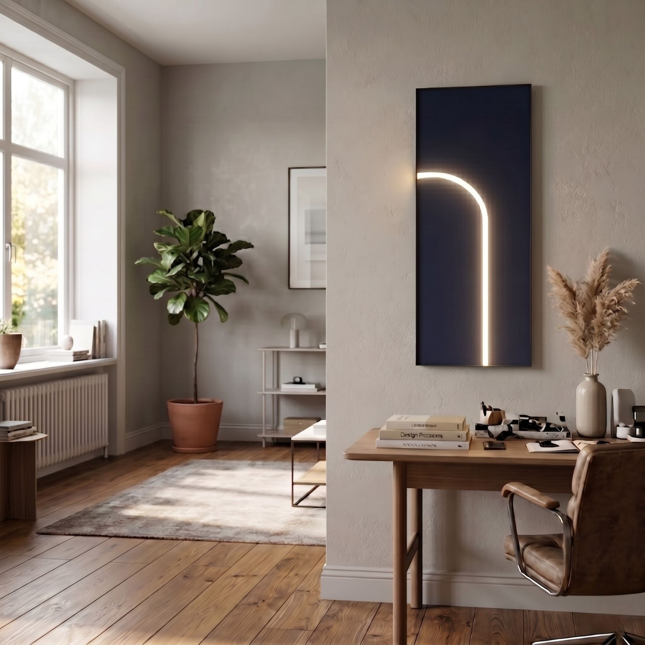 A cozy, modern home office features a wooden desk, leather chair, and a potted plant by a large window. Sunlight highlights Giant Sculptures' Luminarch Navy Curve LED Minimalist Wall Art on the light gray wall with contemporary lighting.