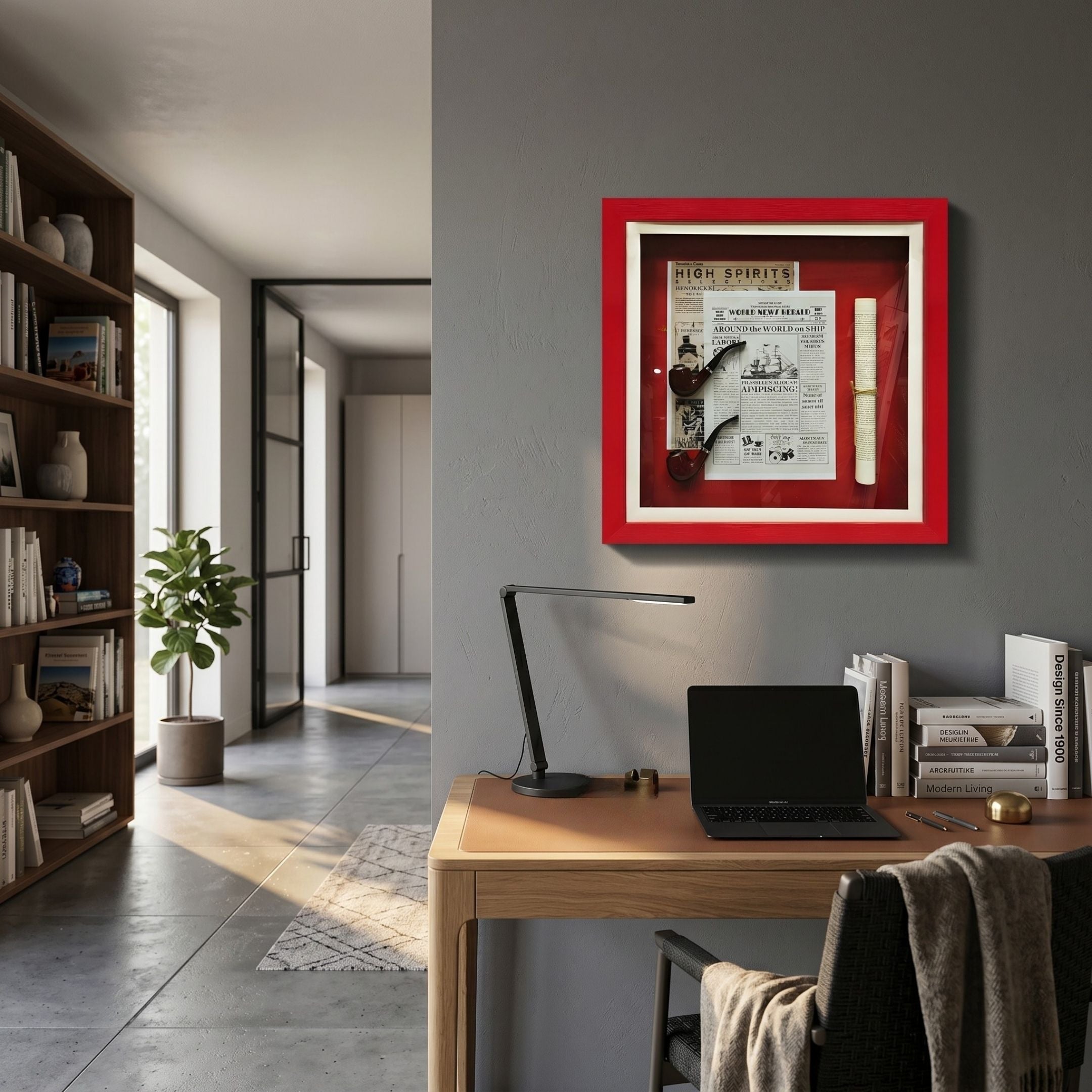 A modern home office features a wooden desk, black chair, lamp, and books. Vintage flair comes from the Cavendro Newspaper & Pipe Framed Wall Art by Giant Sculptures on a gray wall. Sunlight fills the space with shelves and a potted plant nearby.