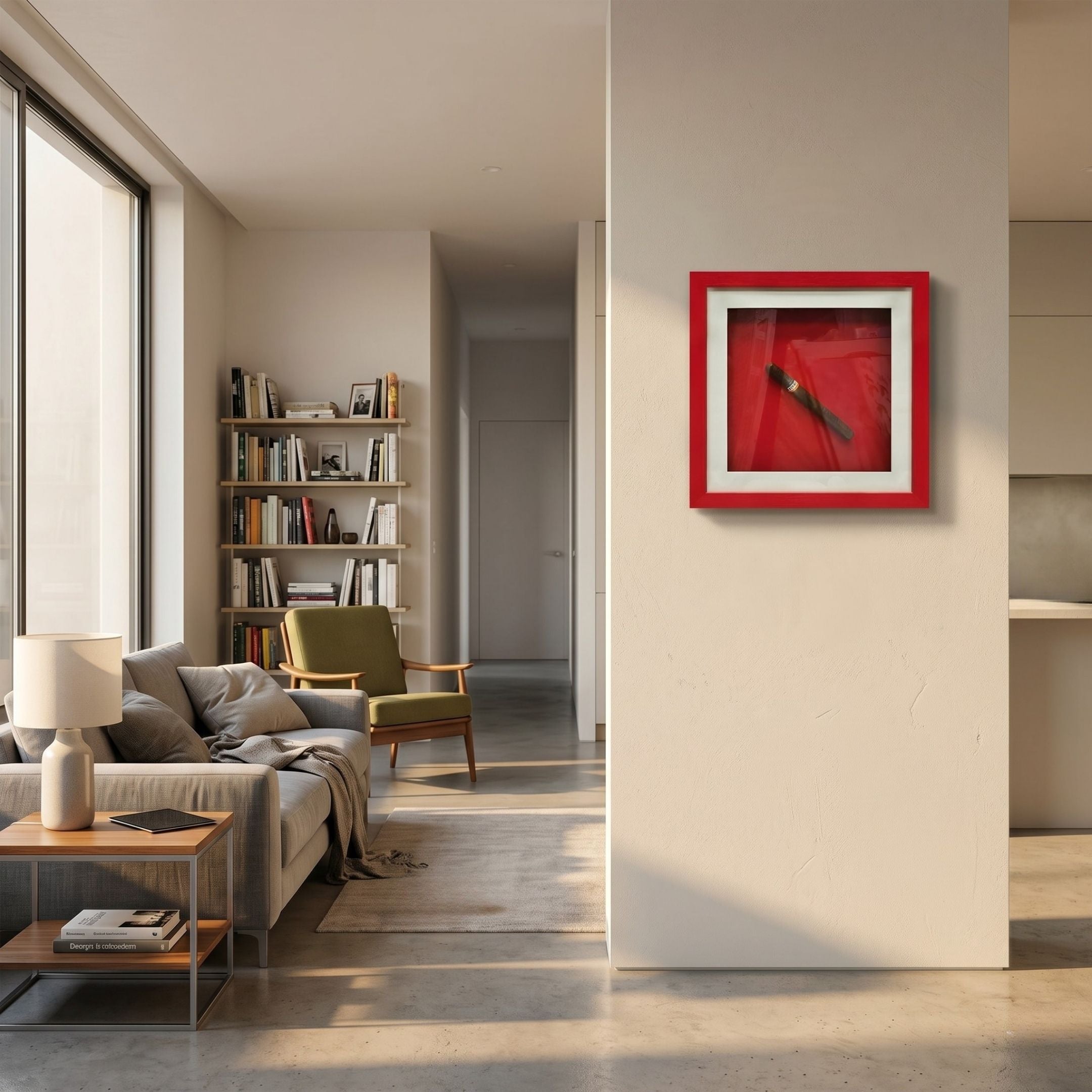A modern living room features a sofa, armchair, bookshelf, and large window. The Cavendro Single Dark Cigar Framed Wall Art by Giant Sculptures adds bold decor to the white wall dividing the living area and kitchen.