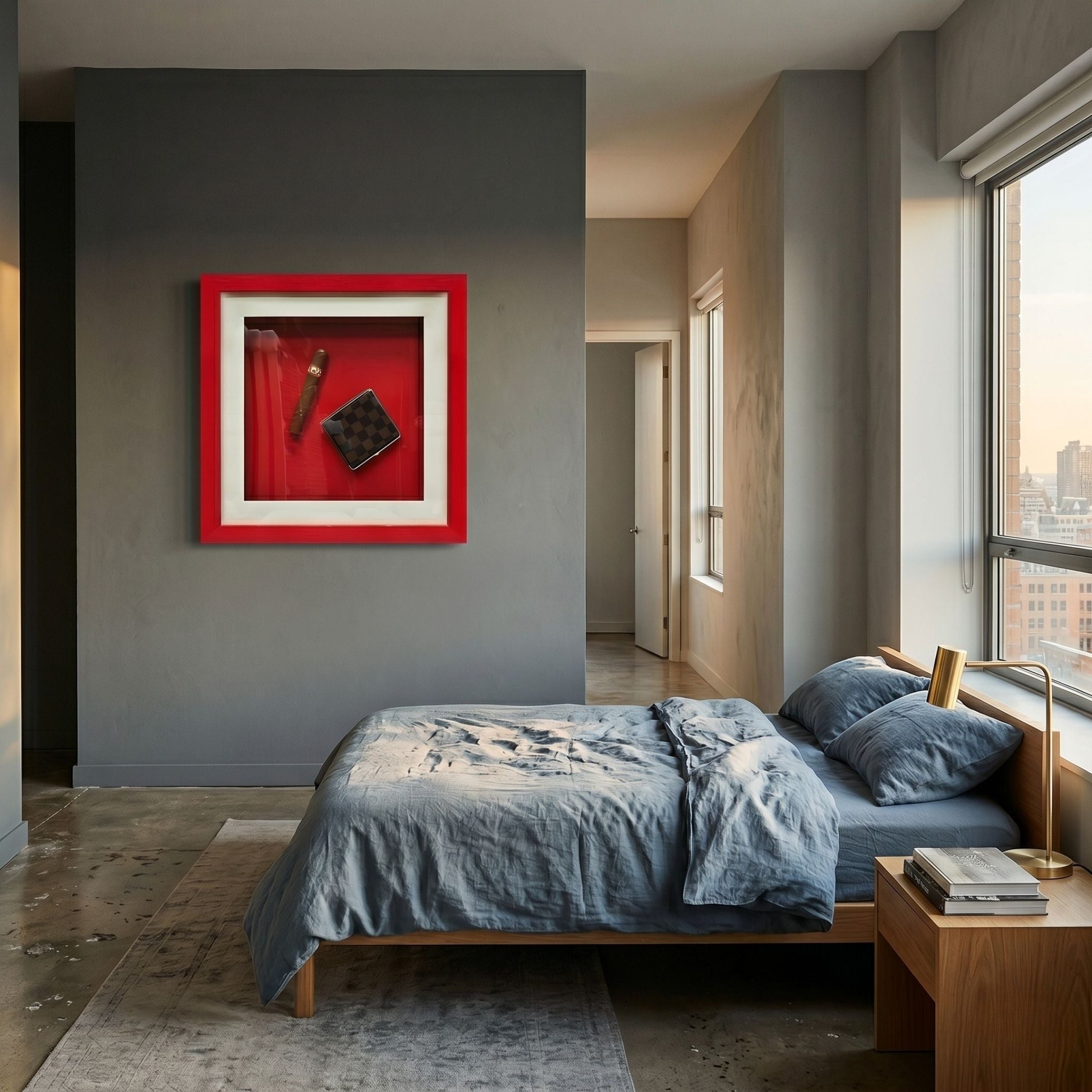 A modern bedroom with gray walls, a wooden bed with blue-gray bedding, a bedside table with a book, large windows, and vintage-inspired decor including the Cavendro Single Cigar & Checked Case Framed Wall Art by Giant Sculptures.