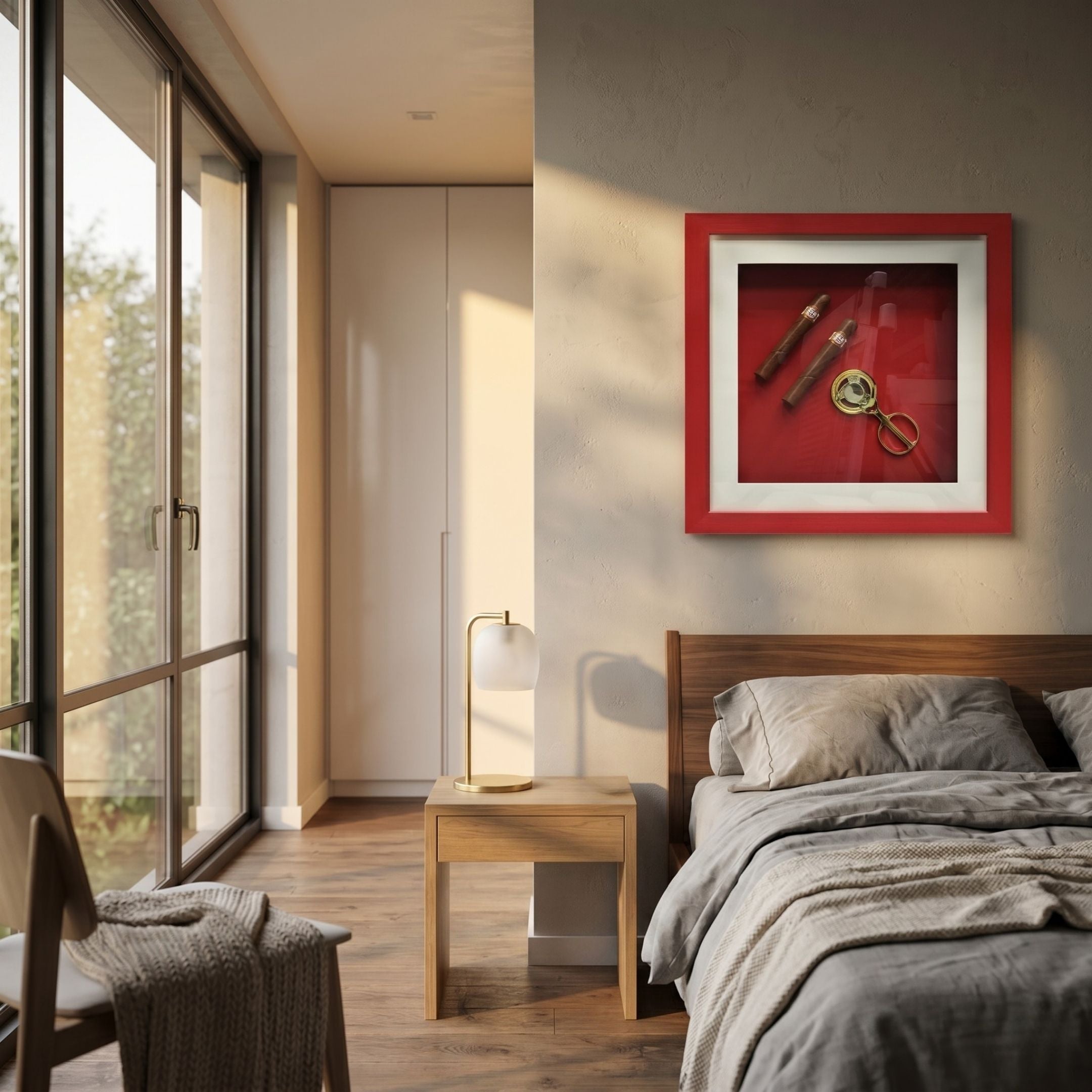 A cozy bedroom features a made bed, wooden furniture, floor lamp, and large windows. Above the nightstand hangs Giant Sculptures’ Cavendro Twin Cigars & Brass Cutter Framed Wall Art—a striking red shadow box display.