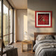 A cozy bedroom features a made bed, wooden furniture, floor lamp, and large windows. Above the nightstand hangs Giant Sculptures’ Cavendro Twin Cigars & Brass Cutter Framed Wall Art—a striking red shadow box display.