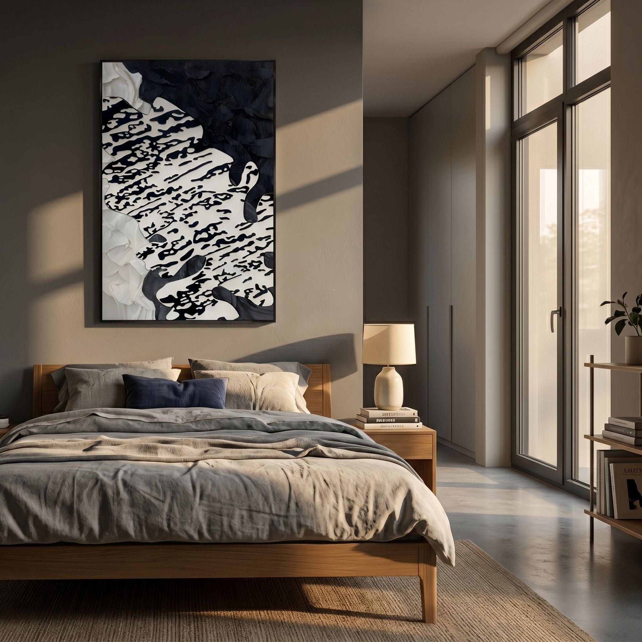 A modern bedroom with a wooden bed, gray bedding, a bedside table with lamp, and large sunlit windows features the Nivoria II Black & White Textured Abstract 3D Wall Art by Giant Sculptures above the bed, adding depth and style.