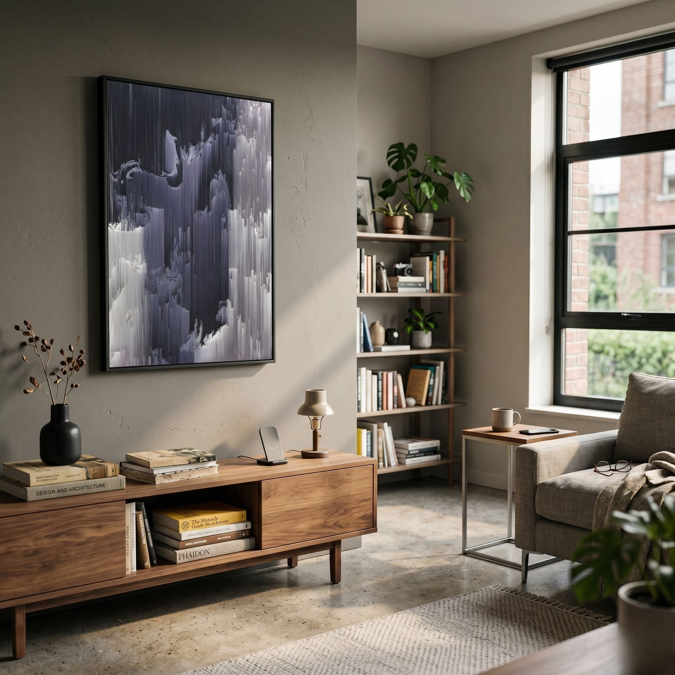 A modern living room with a wooden sideboard, sofa, bookshelf, coffee table, potted plants, a large window casting natural light, and the Aerolune Grey & Silver Vertical Drift Rope 3D Wall Art by Giant Sculptures.