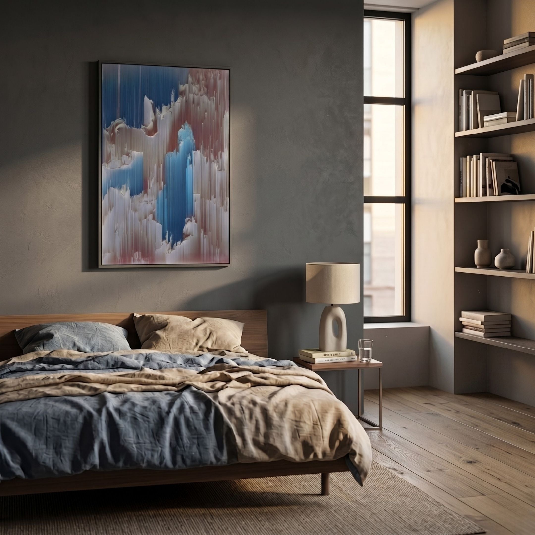 A modern bedroom featuring a wooden bed with blue and beige bedding, a nightstand with lamp, the Aerolune Rose & Blue Vertical Drift Rope 3D Wall Art by Giant Sculptures above the bed, shelves with books and decor, and tall windows.