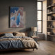 A modern bedroom featuring a wooden bed with blue and beige bedding, a nightstand with lamp, the Aerolune Rose & Blue Vertical Drift Rope 3D Wall Art by Giant Sculptures above the bed, shelves with books and decor, and tall windows.
