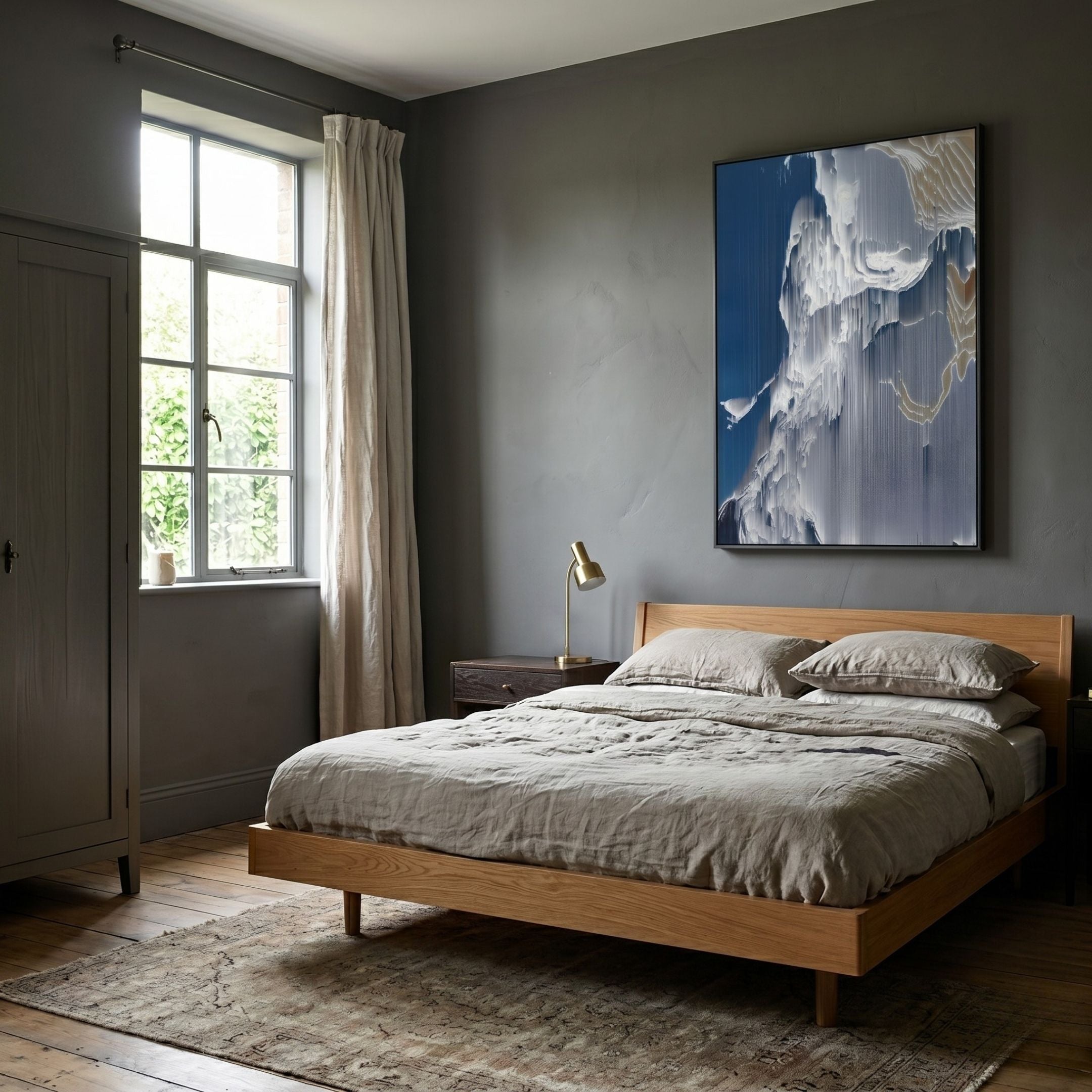 Aerolune Blue & White Vertical Gradient Rope 3D Wall Art by Giant Sculptures displayed above a wooden bed with linen bedding in a grey-walled bedroom.