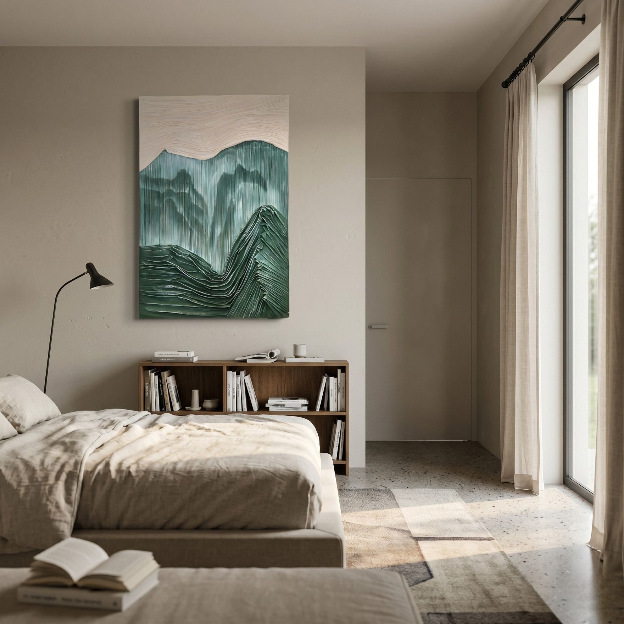 A modern minimal bedroom with neutral tones, beige bedding, a black floor lamp, wooden bookshelf, sunlight through sheer curtains, and Giant Sculptures' Terralune Green Layered Ridge 3D Wall Art as abstract decor on the wall.