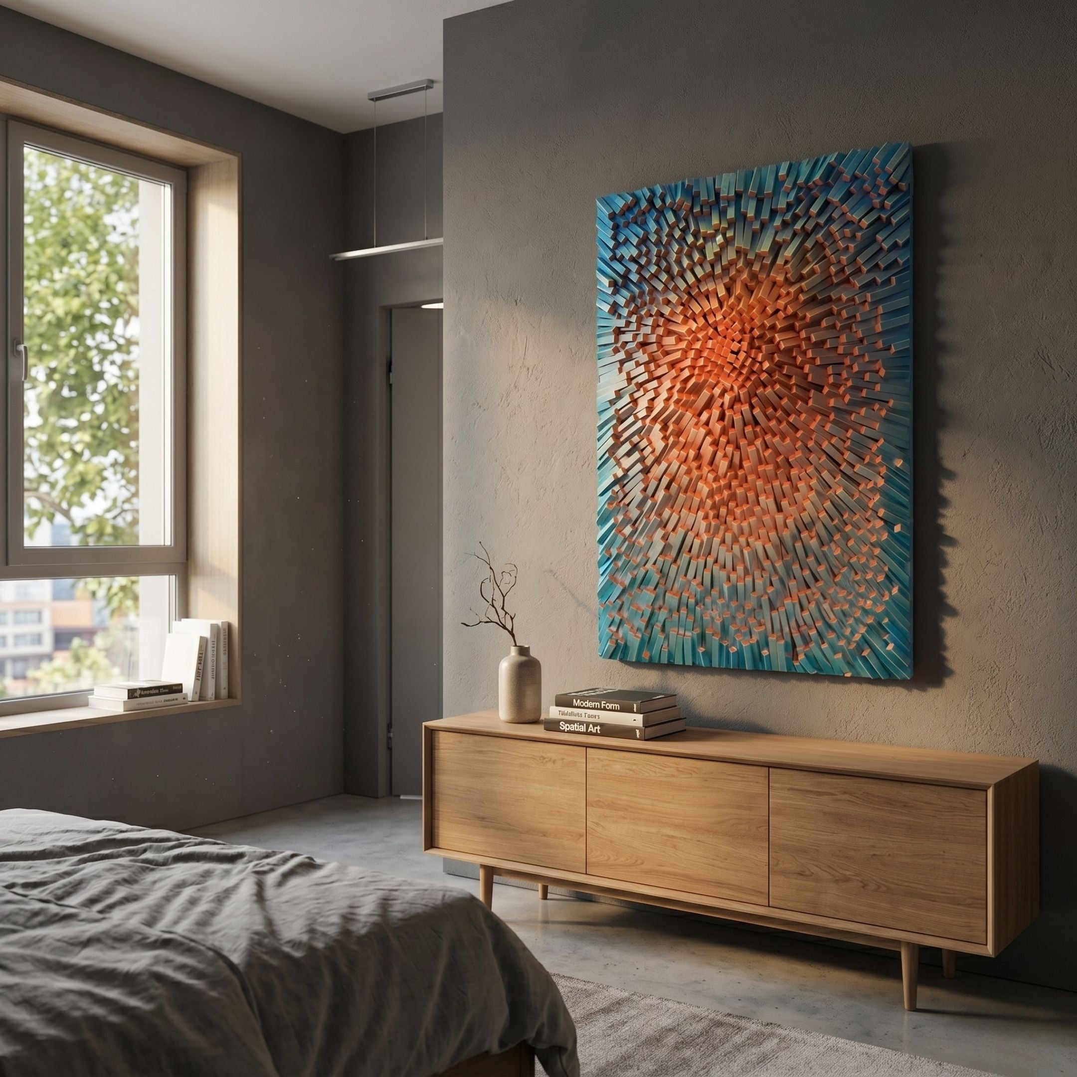 A modern bedroom with a large window and wooden sideboard is adorned by the Heliox Azure Radiance Sculptural 3D Wall Art from Giant Sculptures above the sideboard. A cozy, sunlit bed and some books are also visible in the room.