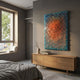 A modern bedroom with a large window and wooden sideboard is adorned by the Heliox Azure Radiance Sculptural 3D Wall Art from Giant Sculptures above the sideboard. A cozy, sunlit bed and some books are also visible in the room.