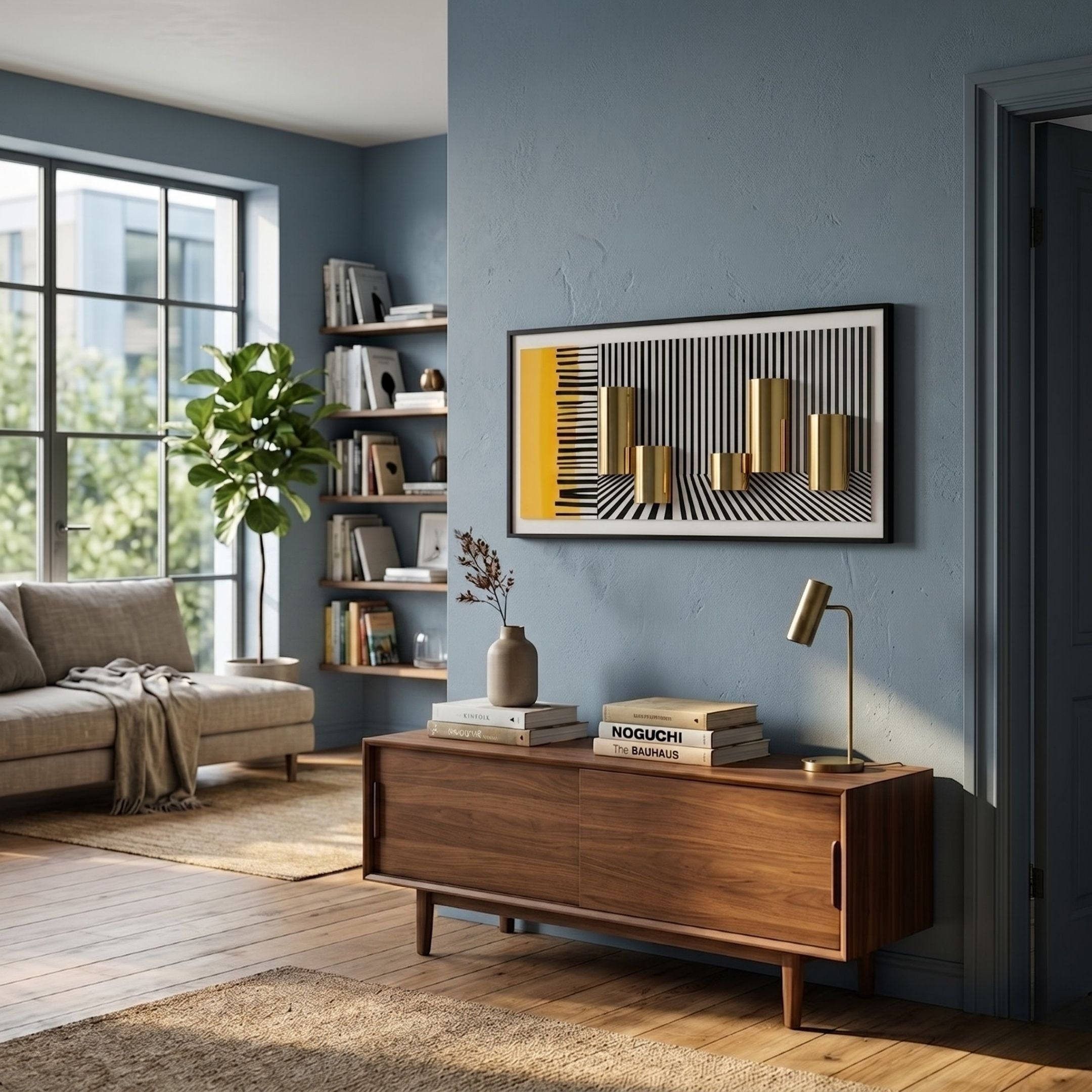 A modern living room features Vortessa Metallic Column Striped Illusion 3D Wall Art by Giant Sculptures on blue walls, a wooden sideboard, gold desk lamp, abstract art, potted plant, beige sofa, bookshelves, and large windows letting in natural light.