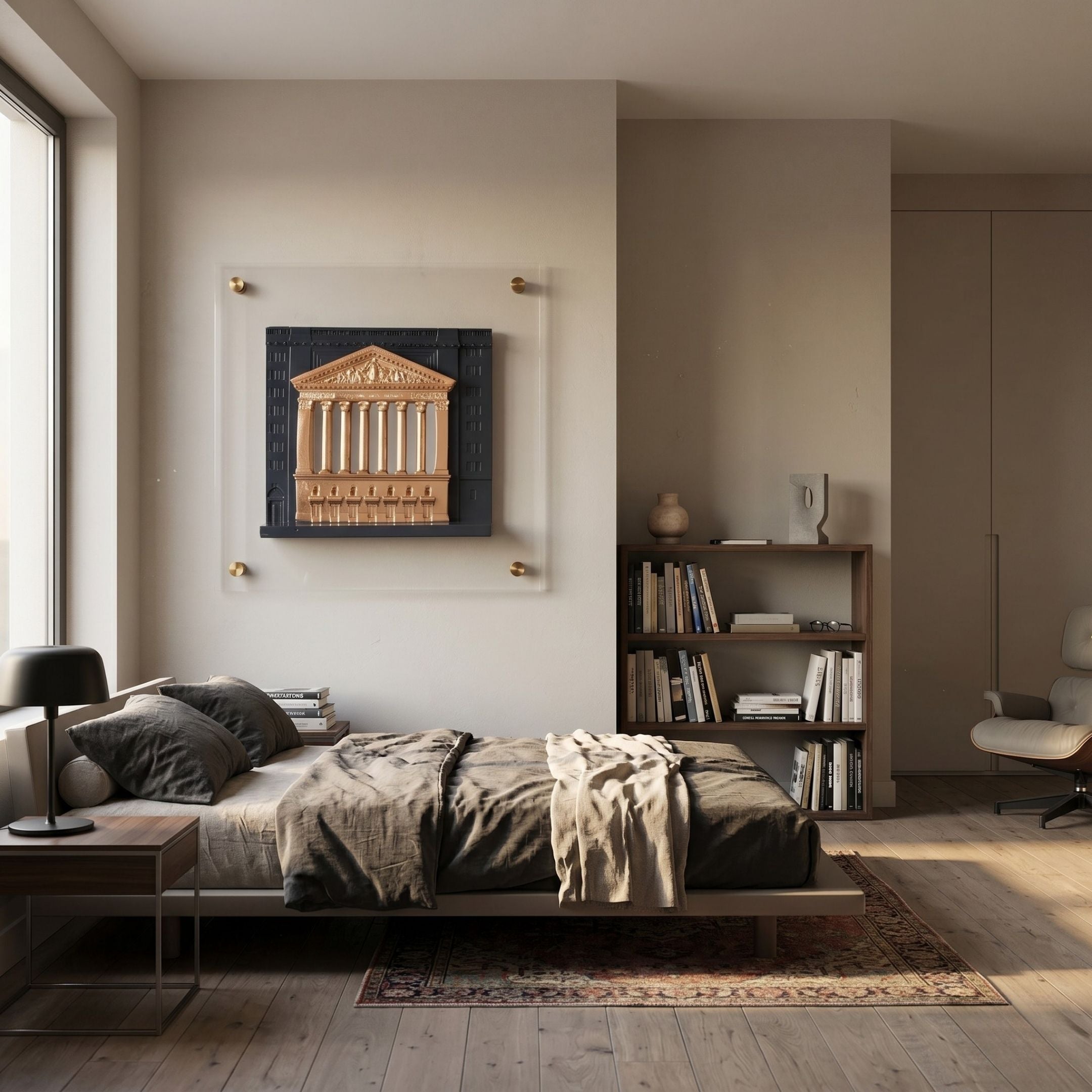 A modern bedroom features a minimalist bed, nightstand, bookshelf, armchair, and Giant Sculptures’ Capitolique Copper & Black Classical Facade 3D Wall Art. Neutral tones and wooden flooring create a cozy feel beside the large window.