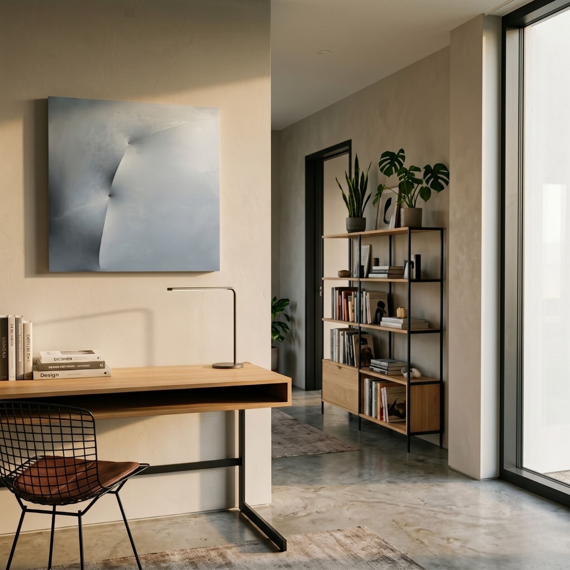 A modern, minimal home office with a wooden desk, black chair, desk lamp, abstract art, and Giant Sculptures’ Veylora Ice Blue Folded Texture Fabric 3D Wall Art on the wall, plus bookshelves with books and plants and large windows.