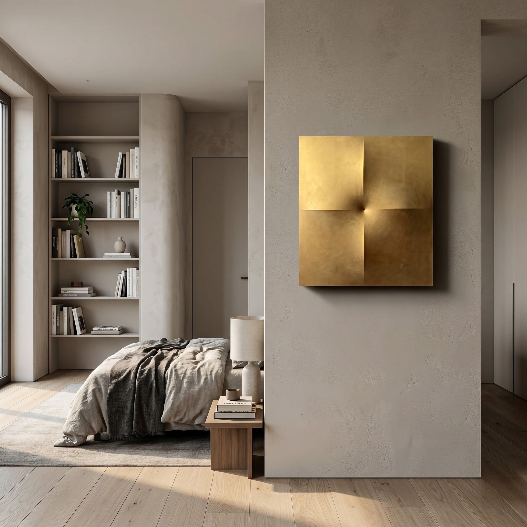 A modern, minimalist bedroom with a cozy bed, bookshelf, and bedside table. Veylora Gold Folded Texture Fabric 3D Wall Art by Giant Sculptures hangs on the wall, its geometric design shining as natural light fills the room.