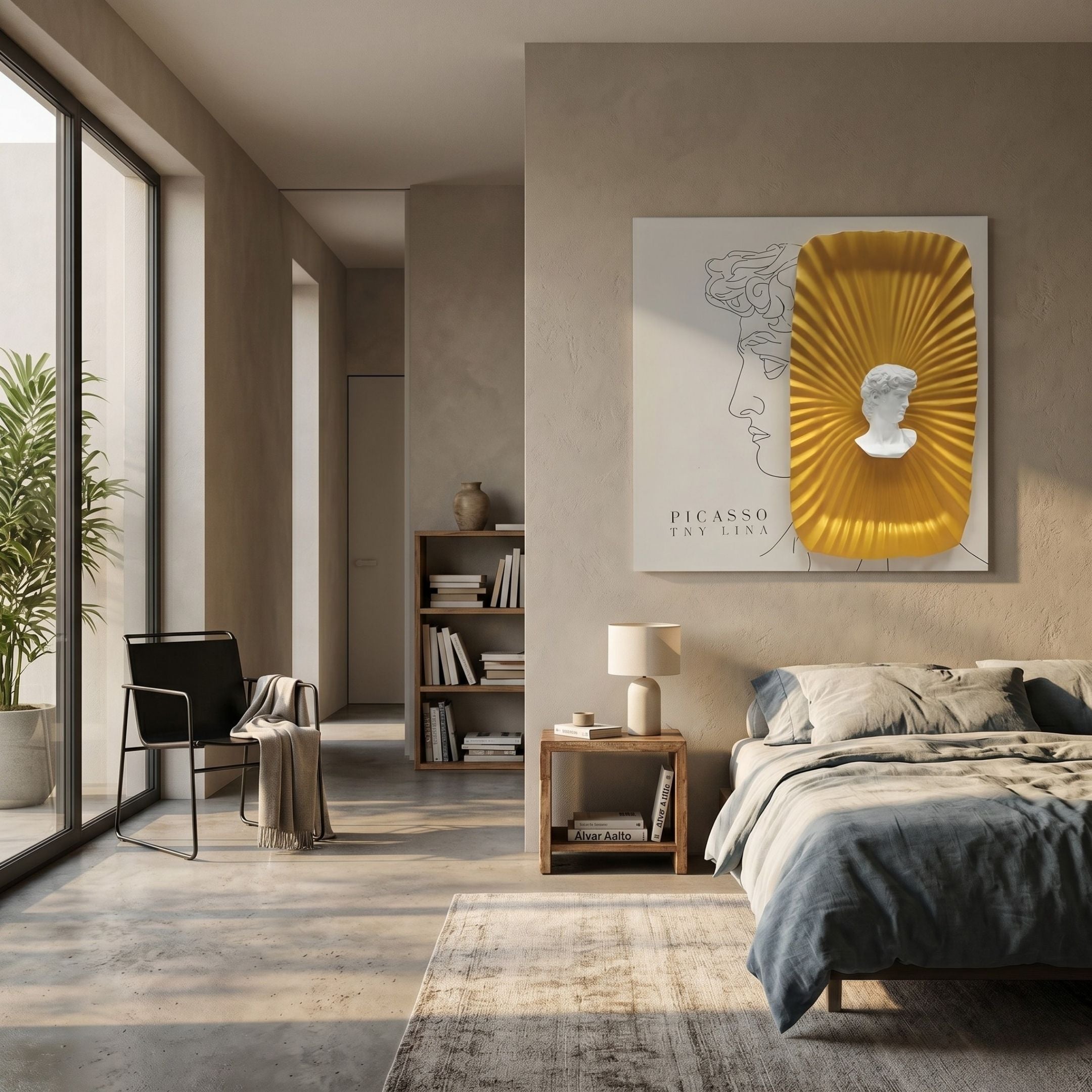 A modern, minimalist bedroom in neutral tones features a large bed, wooden nightstand, black chair, bookshelf, and Castellune Gold Radiant Classical Bust 3D Wall Art by Giant Sculptures above the bed. Sunlight streams through tall windows.