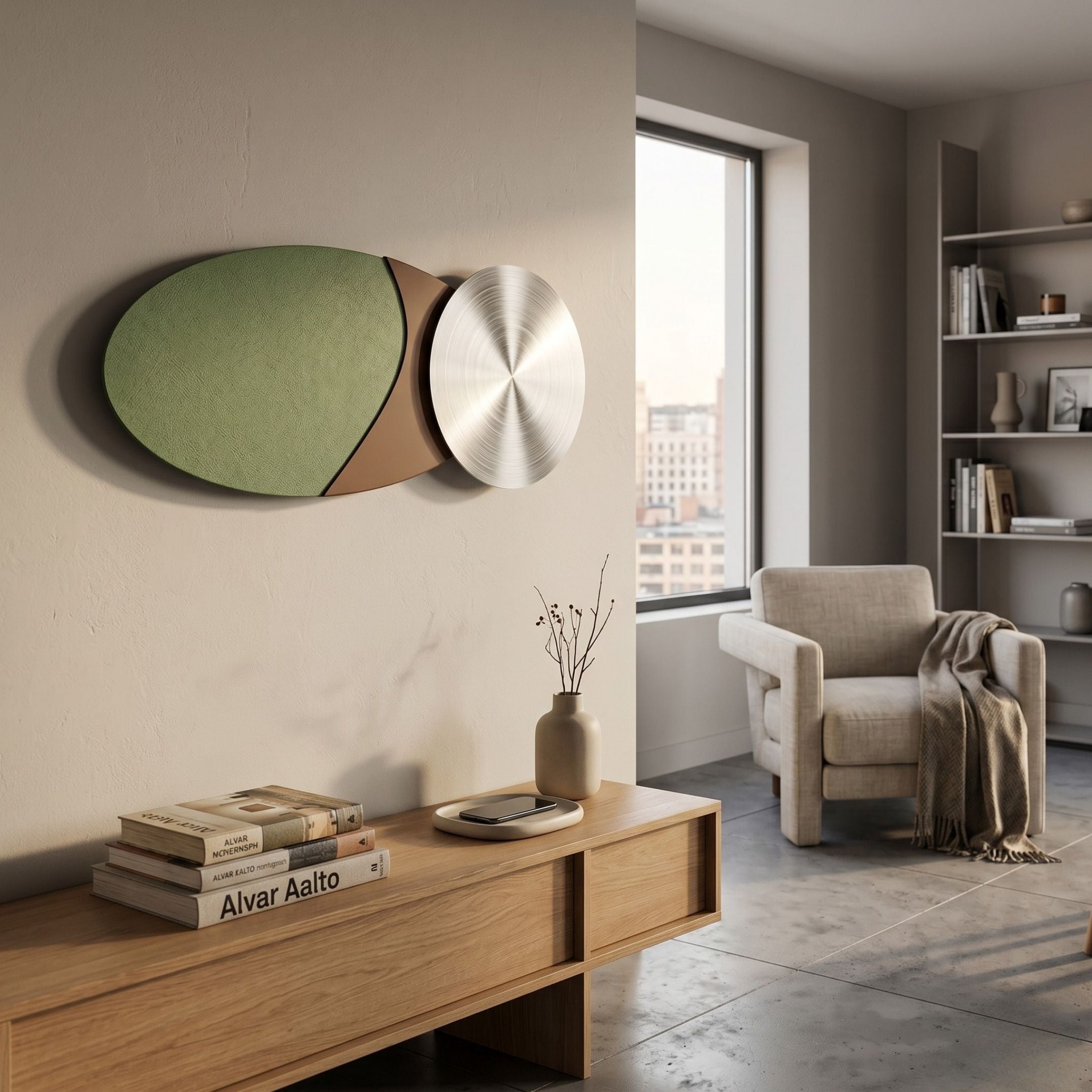 Modern living room with a large window, beige armchair, throw blanket, built-in shelves, and minimalist decor. Above a wooden console hangs the Aurelune Olive & Brown Silver Metal Disc 3D Wall Art by Giant Sculptures for a striking focal point.