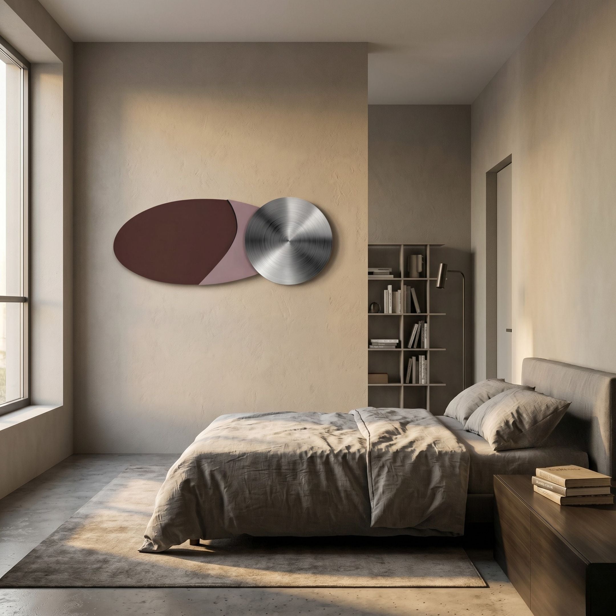 Minimalist bedroom with a large bed, gray bedding, a wooden nightstand, and bookshelf. Sunlight streams through a large window, highlighting the Giant Sculptures Aurelune Cocoa & Rose Silver Metal Disc 3D Wall Art on the wall.